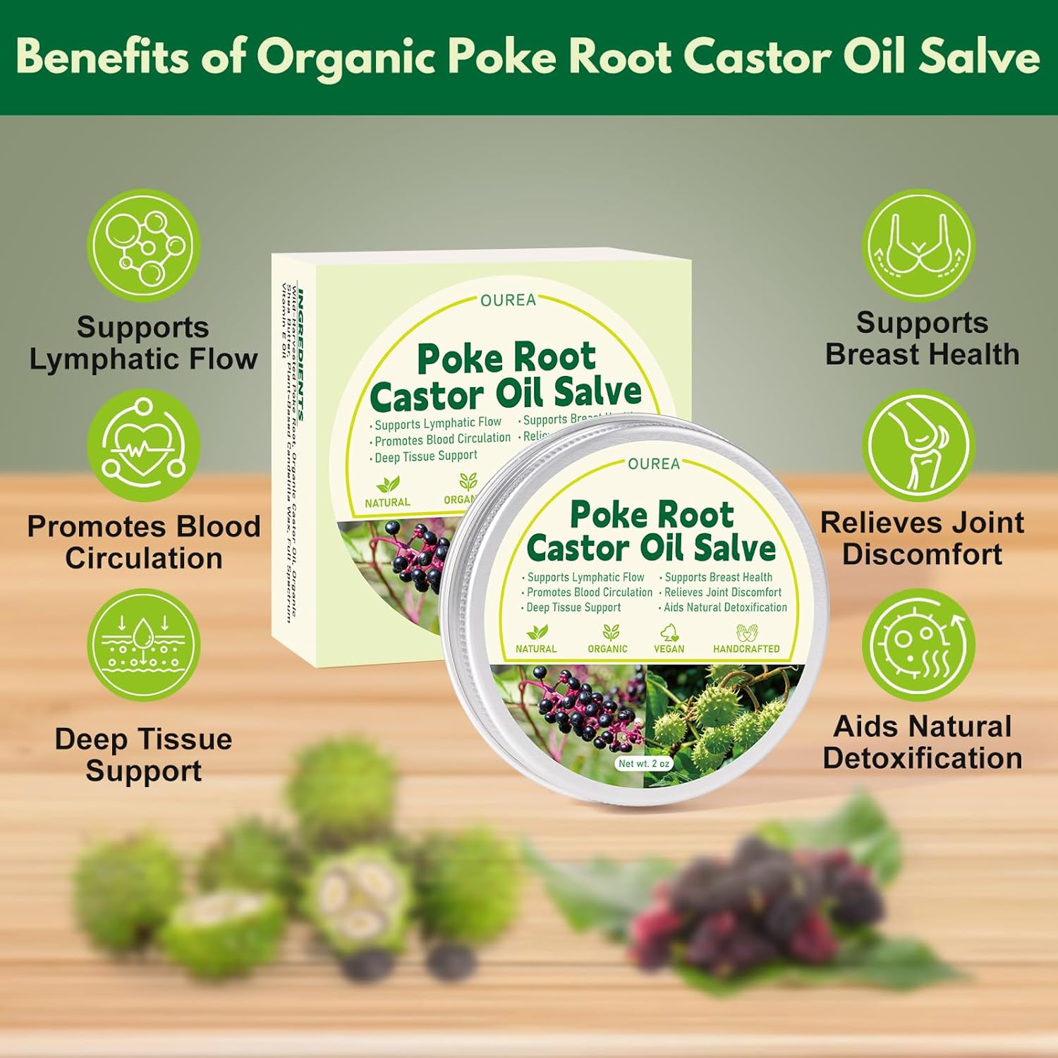 Poke Root Castor Oil Salve, Organic Lymphatic Support Massage Balm, Deep Tissue Ointment for Cyst, Boils, Breast, Fibroids, Swollen Lymph Nodes & Joint, Natural, Vegan - 2 Oz - Image 4