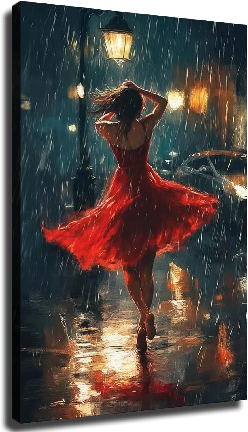 Dancing Woman in Red Dress Wall Art, Romantic Rainy Night Art, Elegant Cityscape Wall Art for Living Room, Bold and Emotional Artwork Ready To Hang (Framed,28×40-inch)