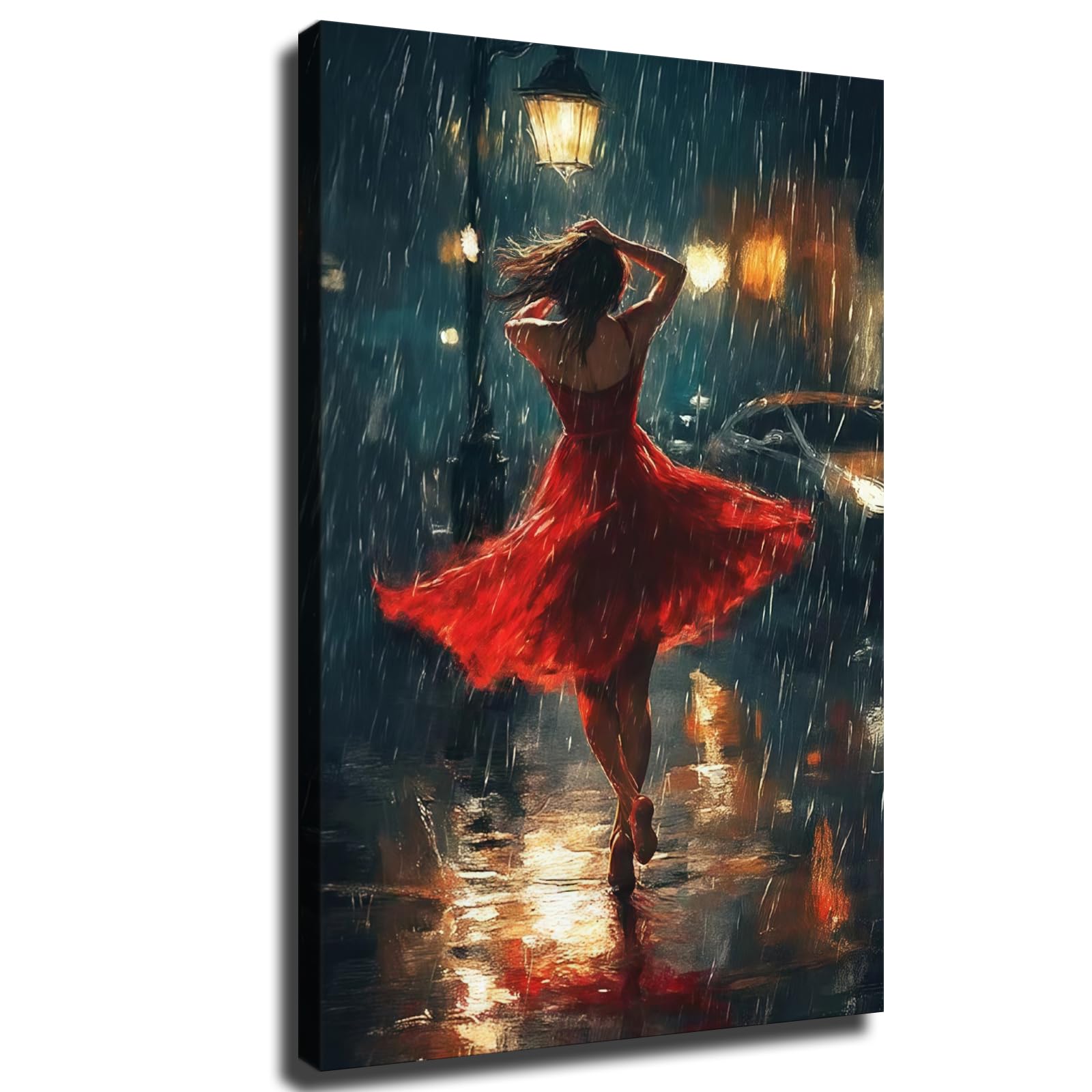 Amazon.com: Dancing Woman in Red Dress Wall Art, Romantic Rainy Night Art,  Elegant Cityscape Wall Art for Living Room, Bold and Emotional Artwork  Ready To Hang (Framed,2840-inch): Posters & Prints
