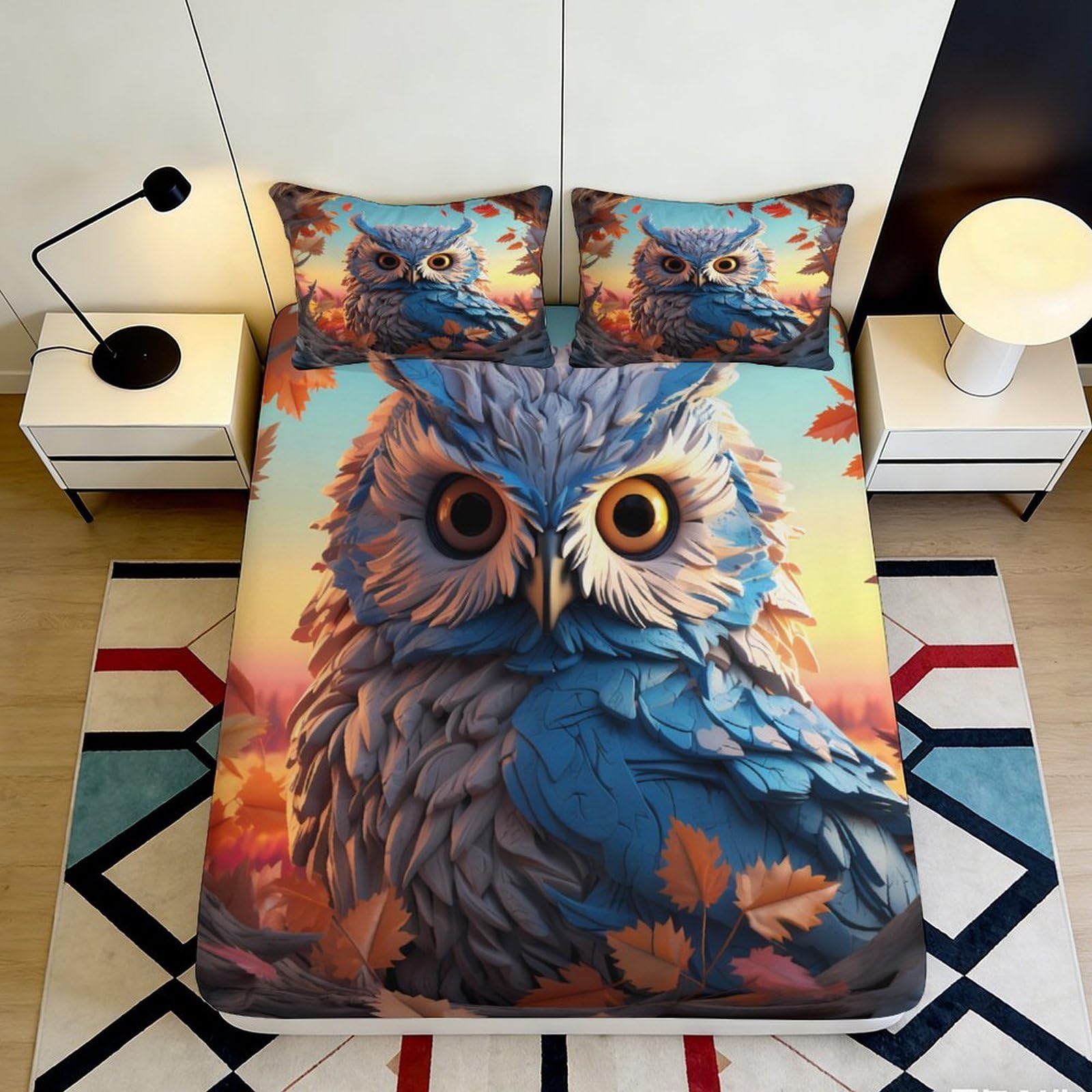 Uynsixtme Style-8 3D Printed Owl Design Fitted Sheet Microfiber Deep Pocket Bedroom Bedding Full Wrap Owl Mattress Fitted Cover For All Ages 90X200x25cm