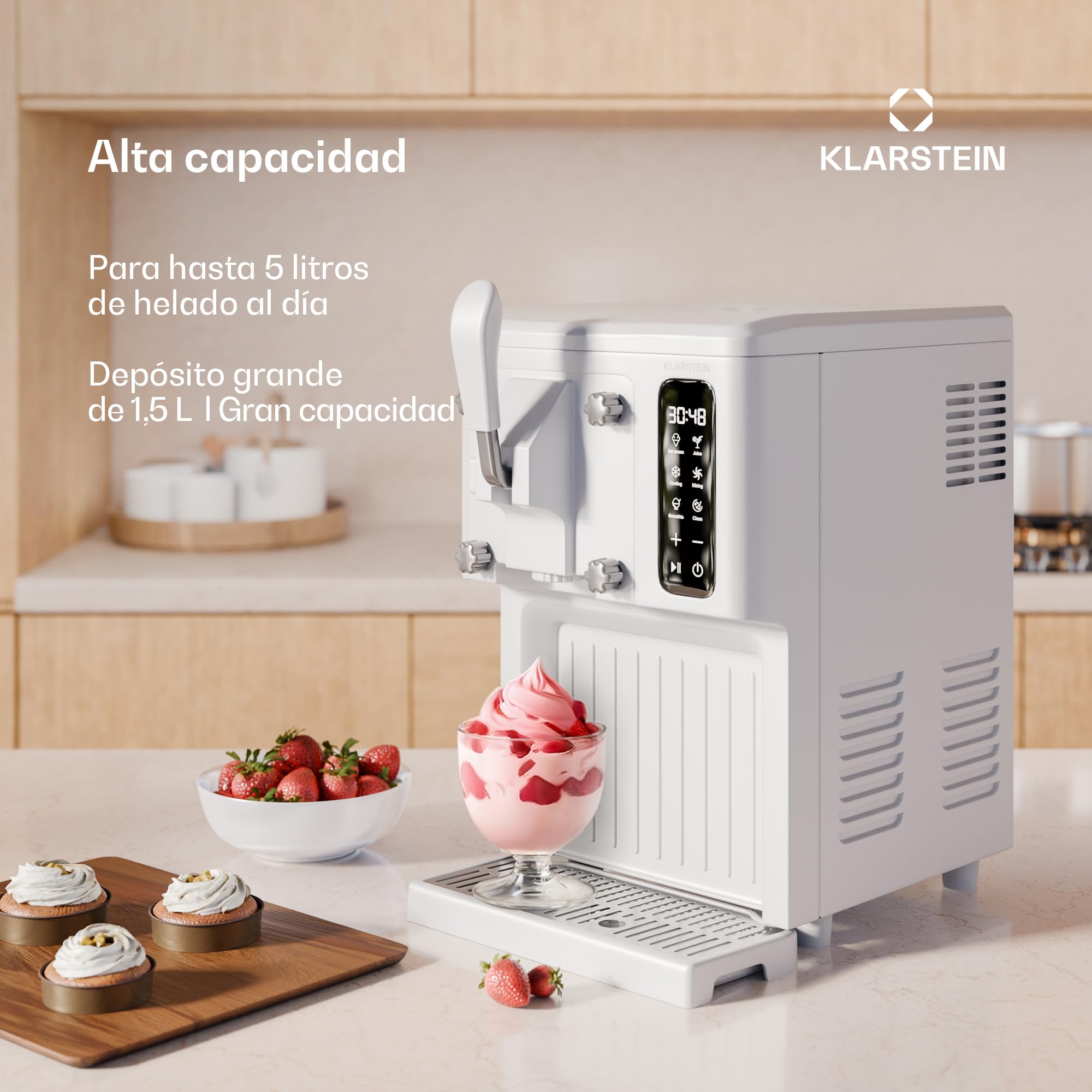 Klarstein SweetSwirl Heladera - Máquina de Helados 3 en 1 para Helados, Batidos & Smoothies, Dispensador, Depósito 1.5L, Pantalla Táctil, Modo Frío, Limpieza Automática, Blanco