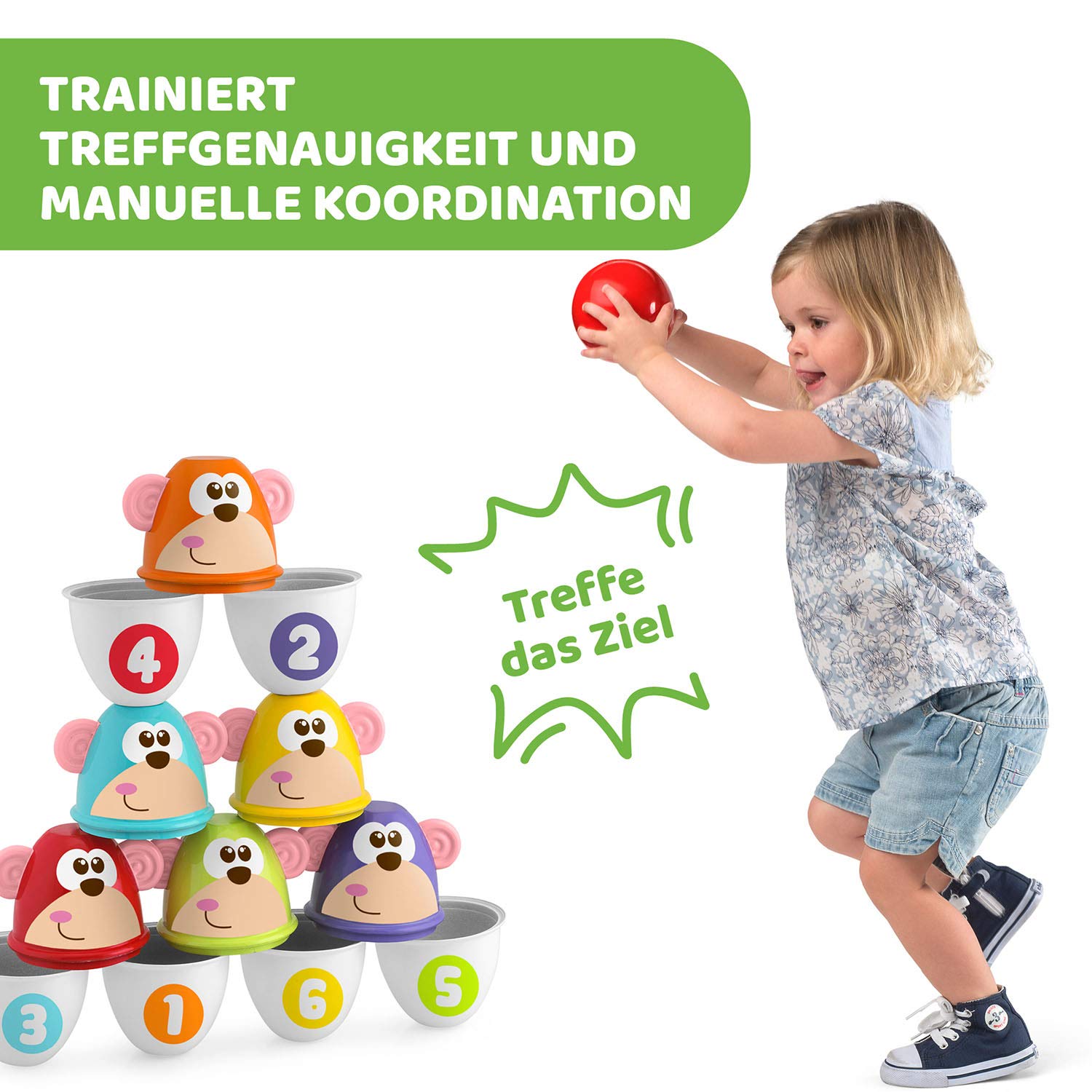 Chicco Monkey Strike Kids Bowling Set - Kegelspiel für Kinder mit 6 trennbaren Pins, stapelbar in 12 Teile, inklusive Kunststoffball - Kegelspielzeug, Geschenke für Kinder von 18 Monaten bis 8 Jahren