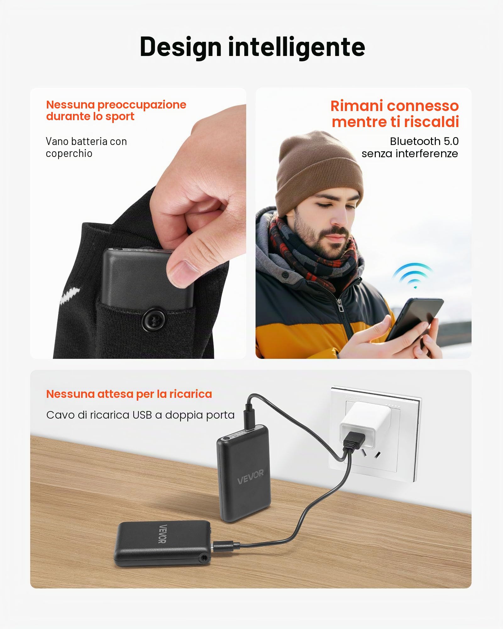 VEVOR Calze riscaldate, batteria 5000 mAh, calze riscaldanti ricaricabili con 4 livelli di riscaldamento, calze riscaldate elettriche con controllo app per uomini e donne, scaldapiedi per caccia