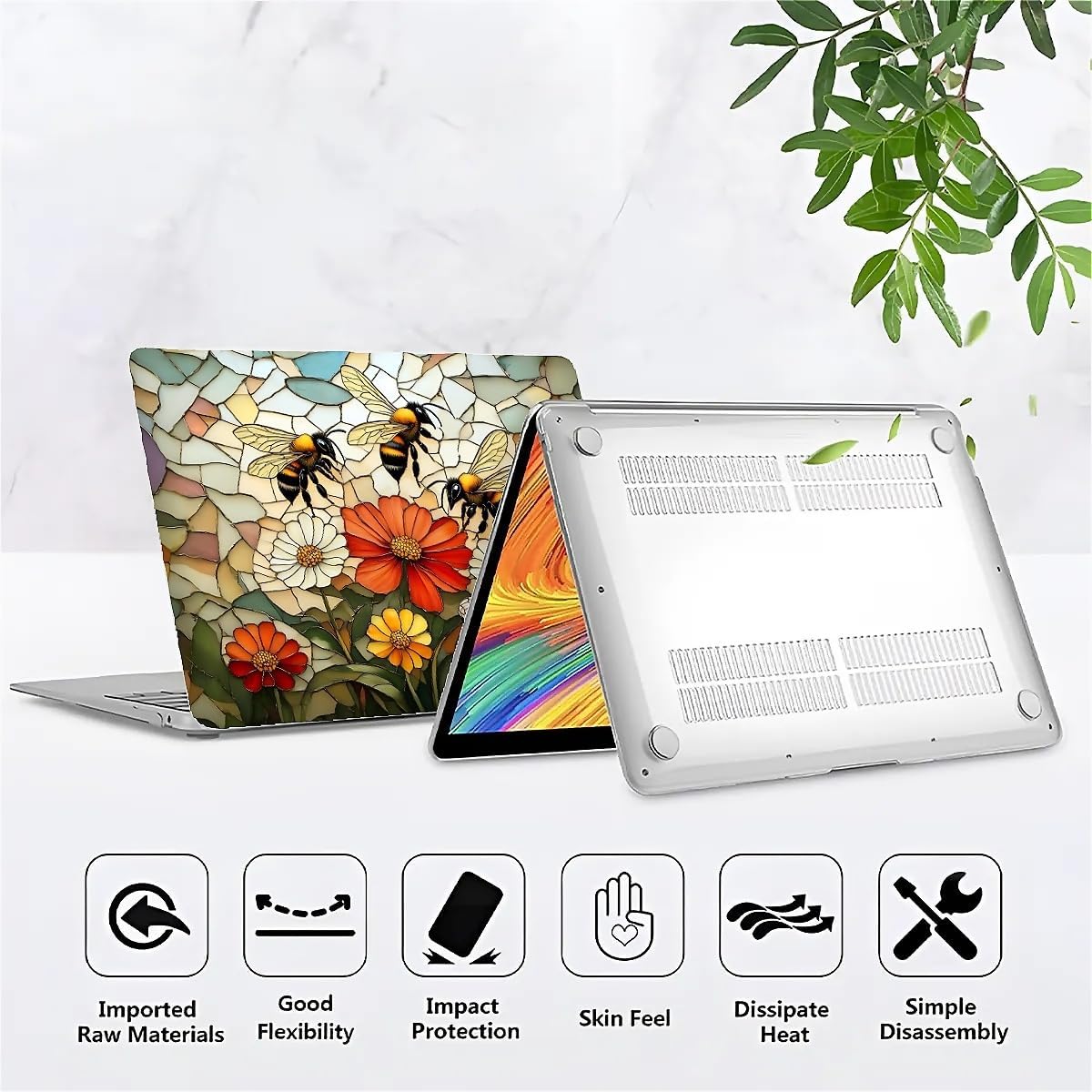 for MacBook Air 13 Inch Release 2018/2020 Model A1932/A2179/A2337 Clear Computer Case,Novelty Premium Pattern Hardshell Laptop Case Bees Picking Nectar and Flowers Fluttering