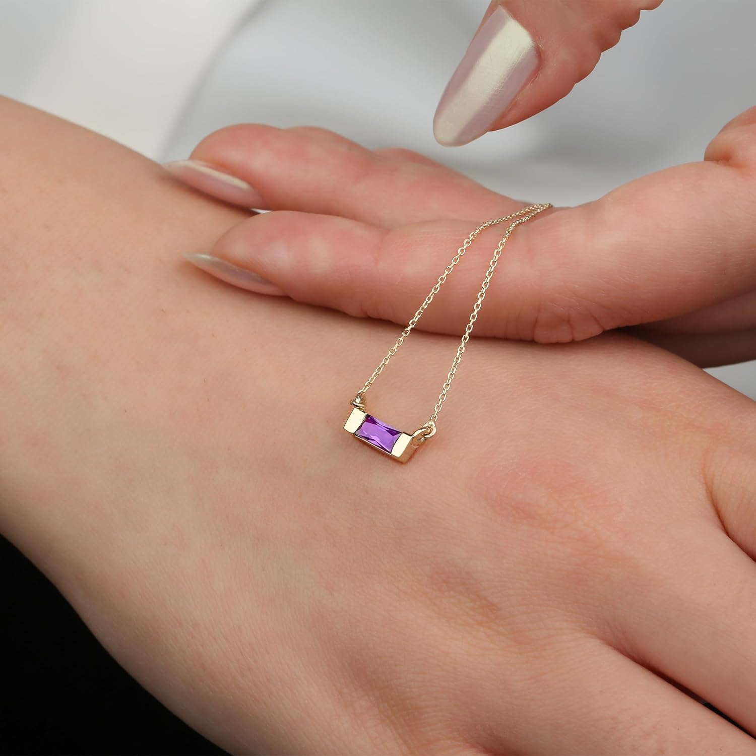 JEWEE DIAMOND 14k Solid Gold Tiny Solitaire Baguette Gemstone Birthstone Choker Necklace, Real Diamond or Any Birthstone Baguette Pendant, Ruby Sapphire Necklace