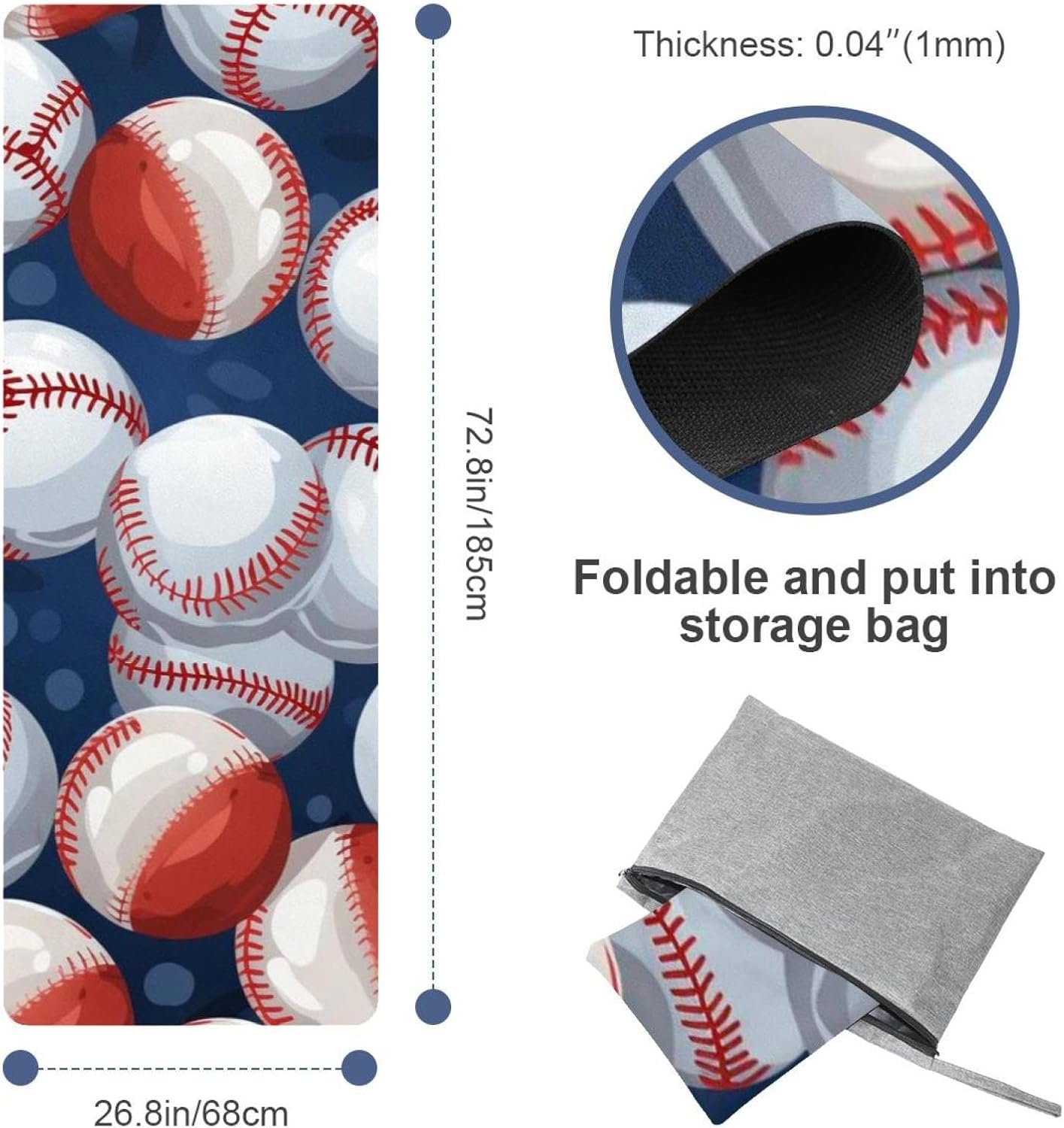 Yoga Towel, Baseball Pattern Non Slip Sweat Absorbent Hot Yoga Mat Towel for Hot Yoga, Pilates and Fitness - 72.8" x 26.8"