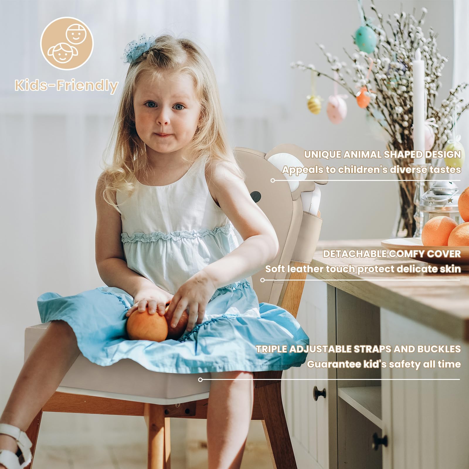 Silla Elevadora para Niños para la Mesa, 10cm PU Impermeable Cojín Con Respaldo y Ajustables Cinturón de Seguridad, 36 x 32 x 10 CM - Koala Caqui
