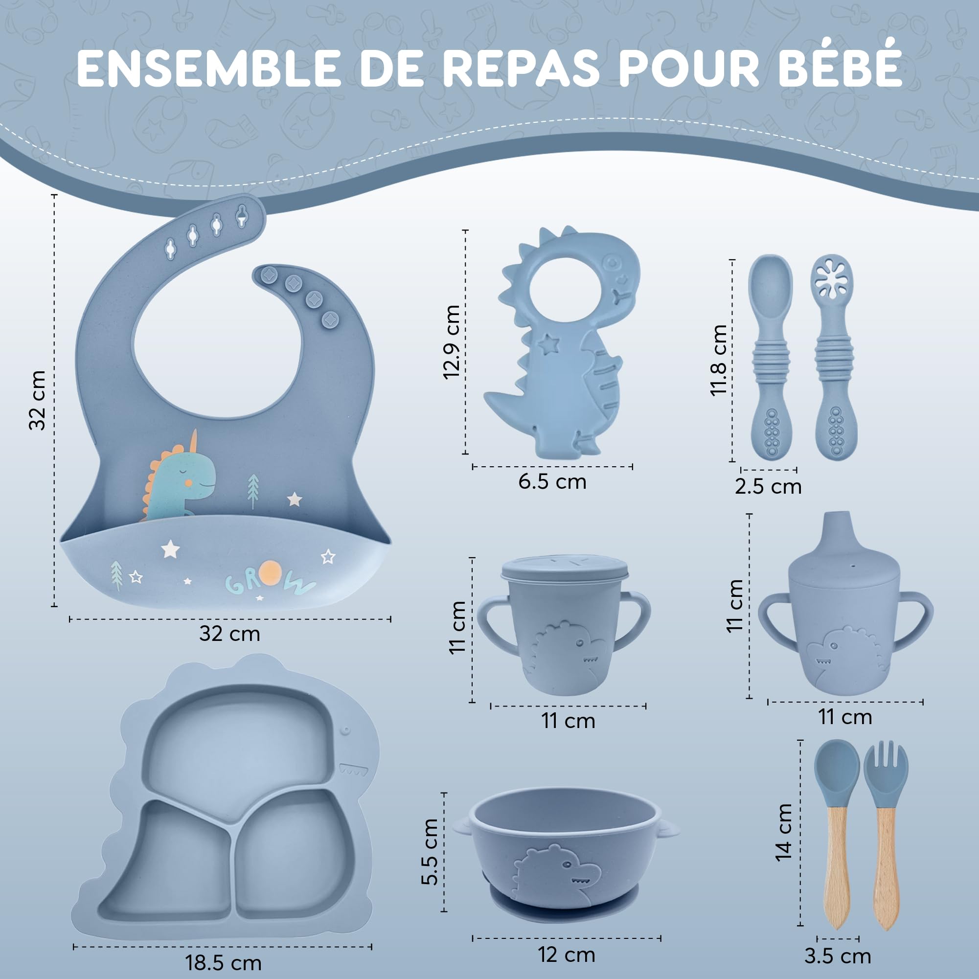 Set Repas Bébé 10 Pièces, Assiette Ventouse, Bol Cuillère, Bavoir Silicone, Couverts Vaisselle pour Sevrage Enfant