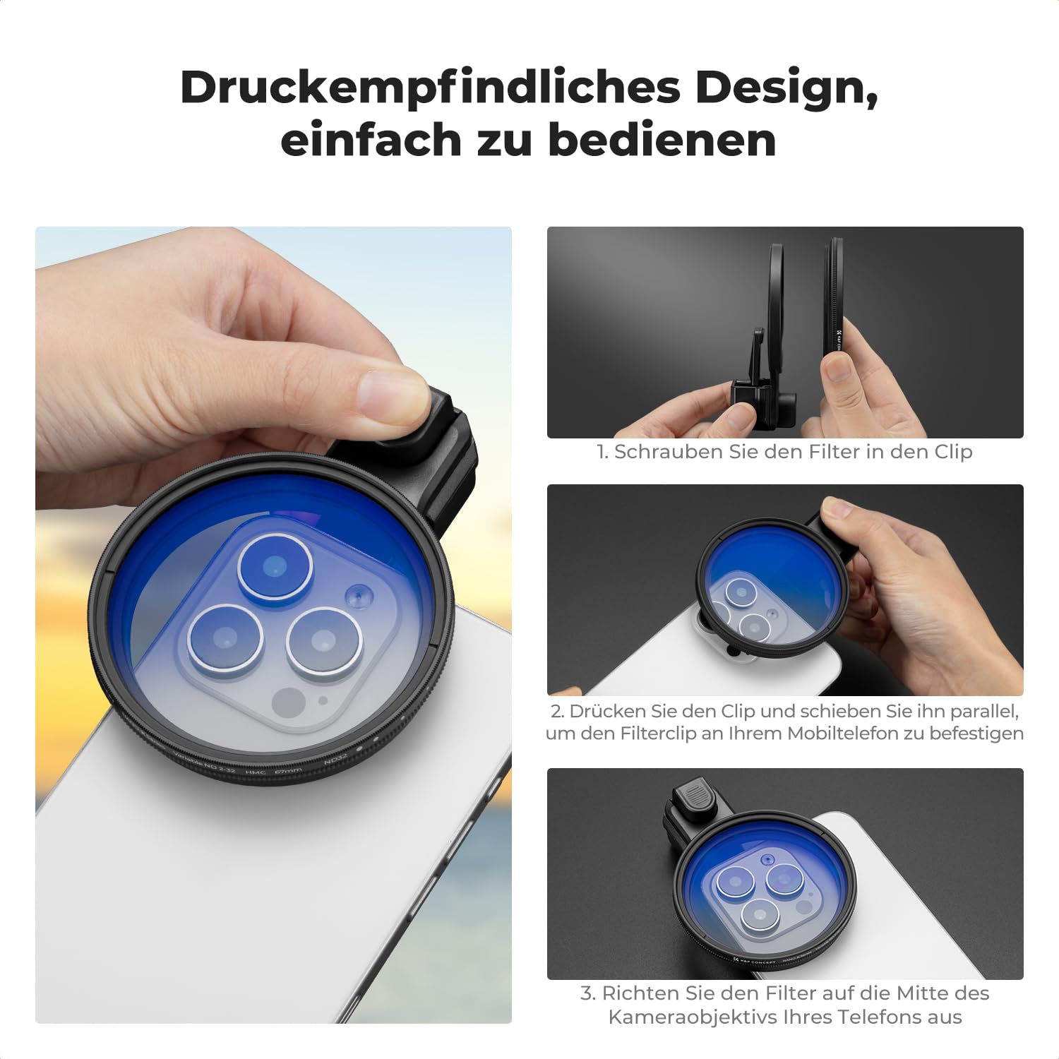 K&F CONCEPT 67mm Universeller Filterclip für Handy mit Druckknopf, kompatibel mit iPhone 16/15/14/13/12/11 Series/Samsung/Android Handys(einen CPL Filter der K Serie enthalten)