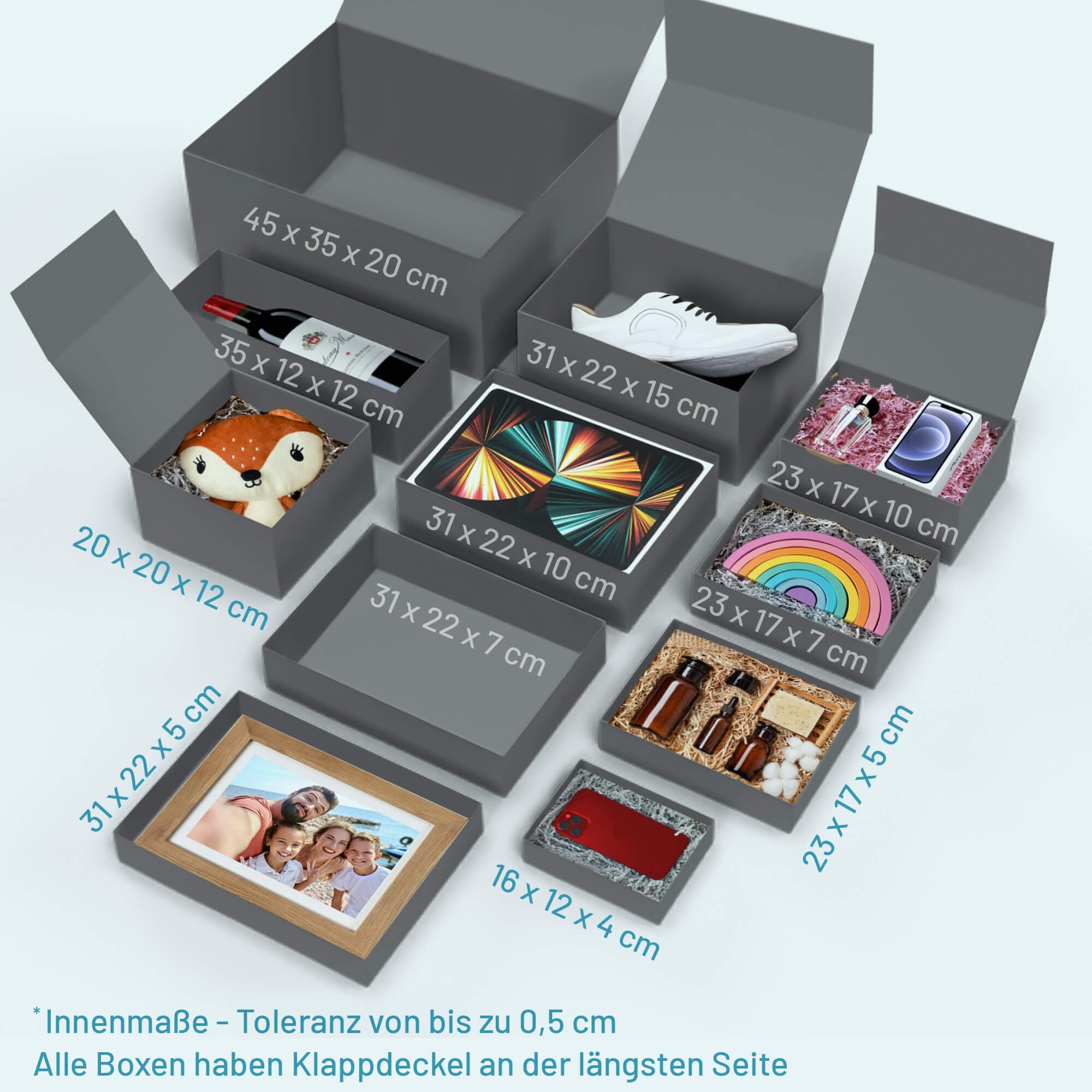 Geschenk-Box mit Deckel | 31 x 22 x 15cm (5er Pack) ] | Geschenk-Karton mit Magnet-Verschluss | Perfekt für Geburtstag, Hochzeit, Weihnachten, Geburt | Geschenk-Verpackung in Grau