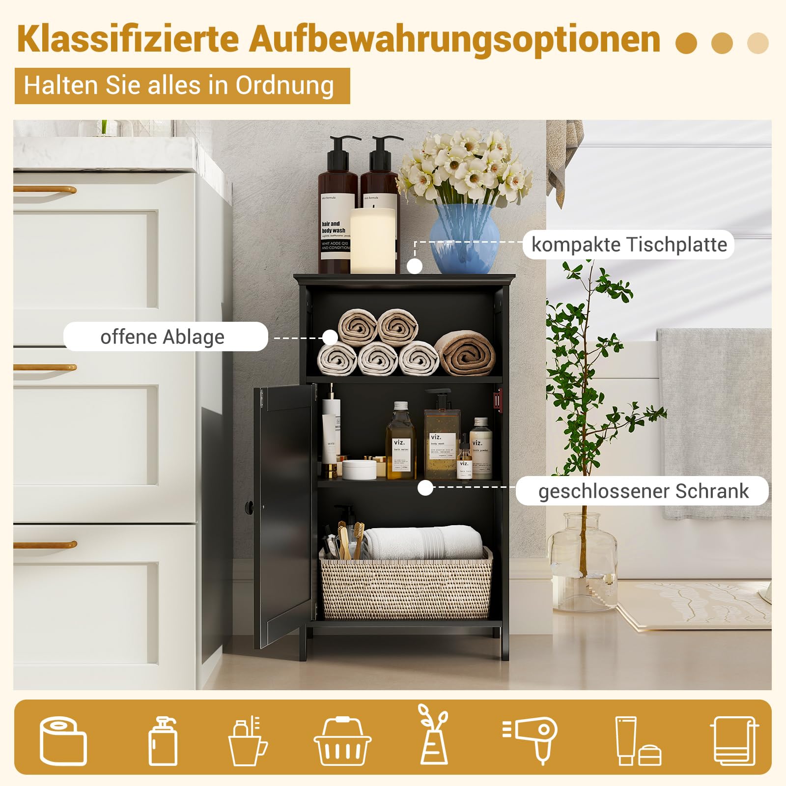 COSTWAY Badezimmerschrank, Badschrank mit Tür und verstellbarem Regal, Badezimmer Schrank freistehend, Aufbewahrungsschrank Holz für Badezimmer, Wohnzimmer, 40 x 30 x 70 cm (schwarz)