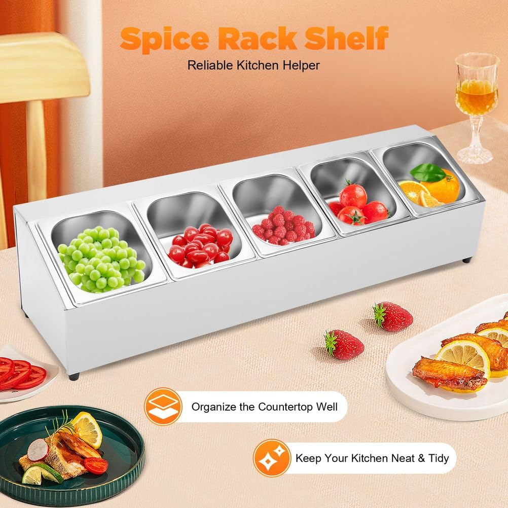 Vassoio da Portata in Acciaio Inox con 4 Scomparti - Dispenser per condimenti da Buffet, Contenitore da banco per Alimenti, Accessori da Cucina, Forniture per ristoranti