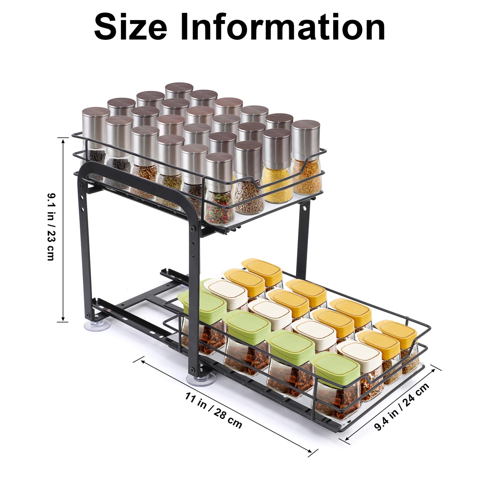 Wakects Étagère à épices extensible à 2 niveaux, en fer, haut et en bas, peut être retirée indépendamment, hauteur réglable pour la plupart des armoires de cuisine (L)