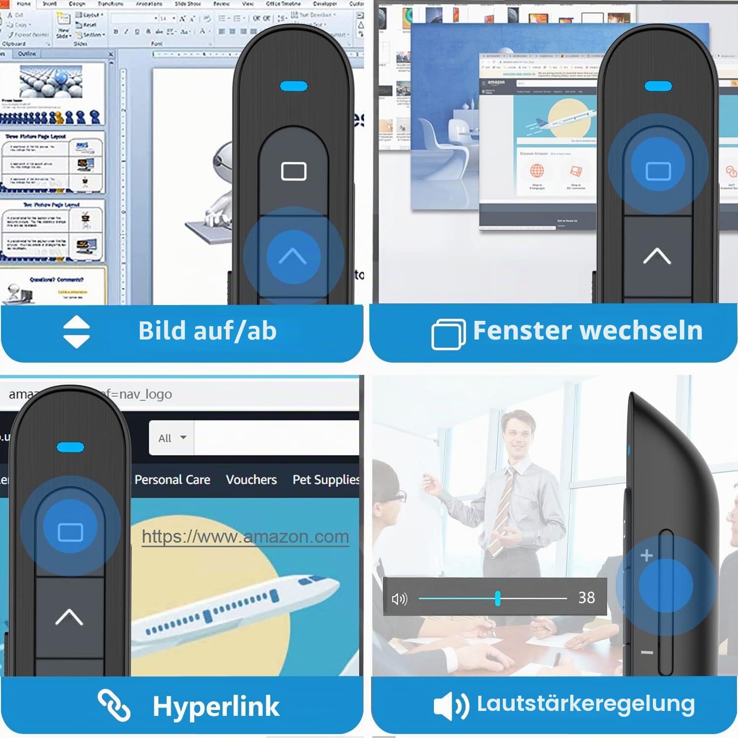 Kabelloses Präsenter, 2.4 GHz Wireless Presenter Powerpoint Fernbedienung USB C Laptop Präsentationsfernbedienung Unterstützt Hyperlink Lautstärkeregler, Präsentation Pointer für Windows Mac
