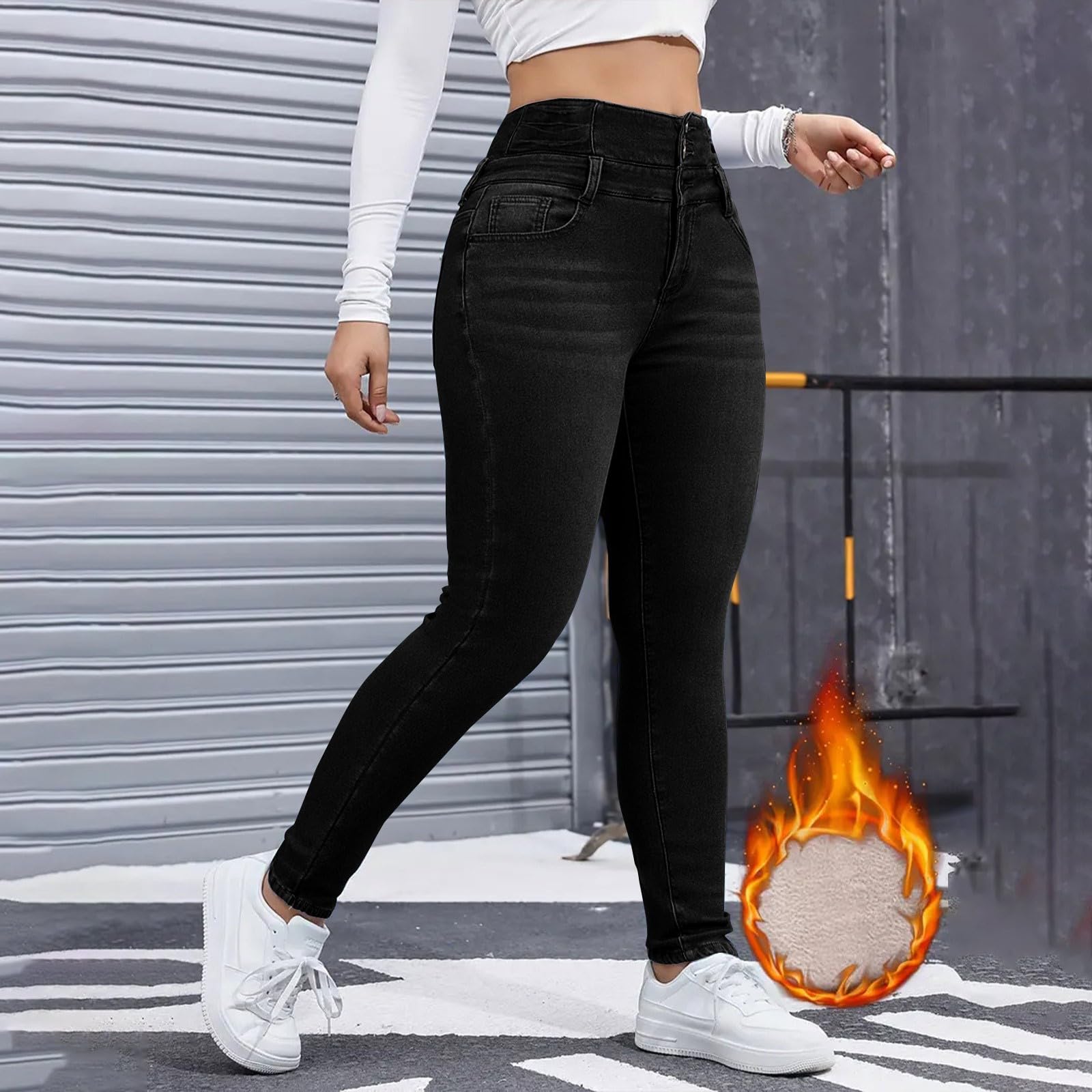 Jean Stretch Femme Taille Haute Pantalon Doublé Polaire Chaud