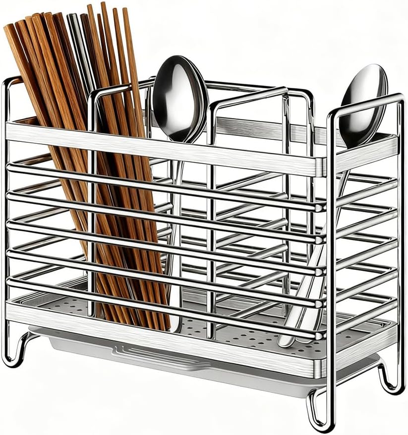 Kitchen Utensil Storage Rack Wall Mounted with Drainage Tray for Forks Spoons Chopsticks Stainless Steel Drying Rack for Countertop Organization,Three Squares