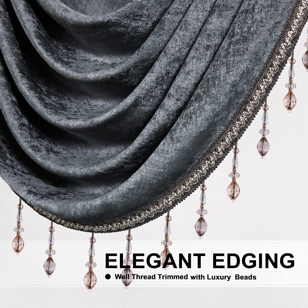 ELKCA Double-Sided Chenille Valance for Living Room,Grey Curtains Valance with Beads for Bedroom,Rod Pocket(W59Inch,1 Panel)