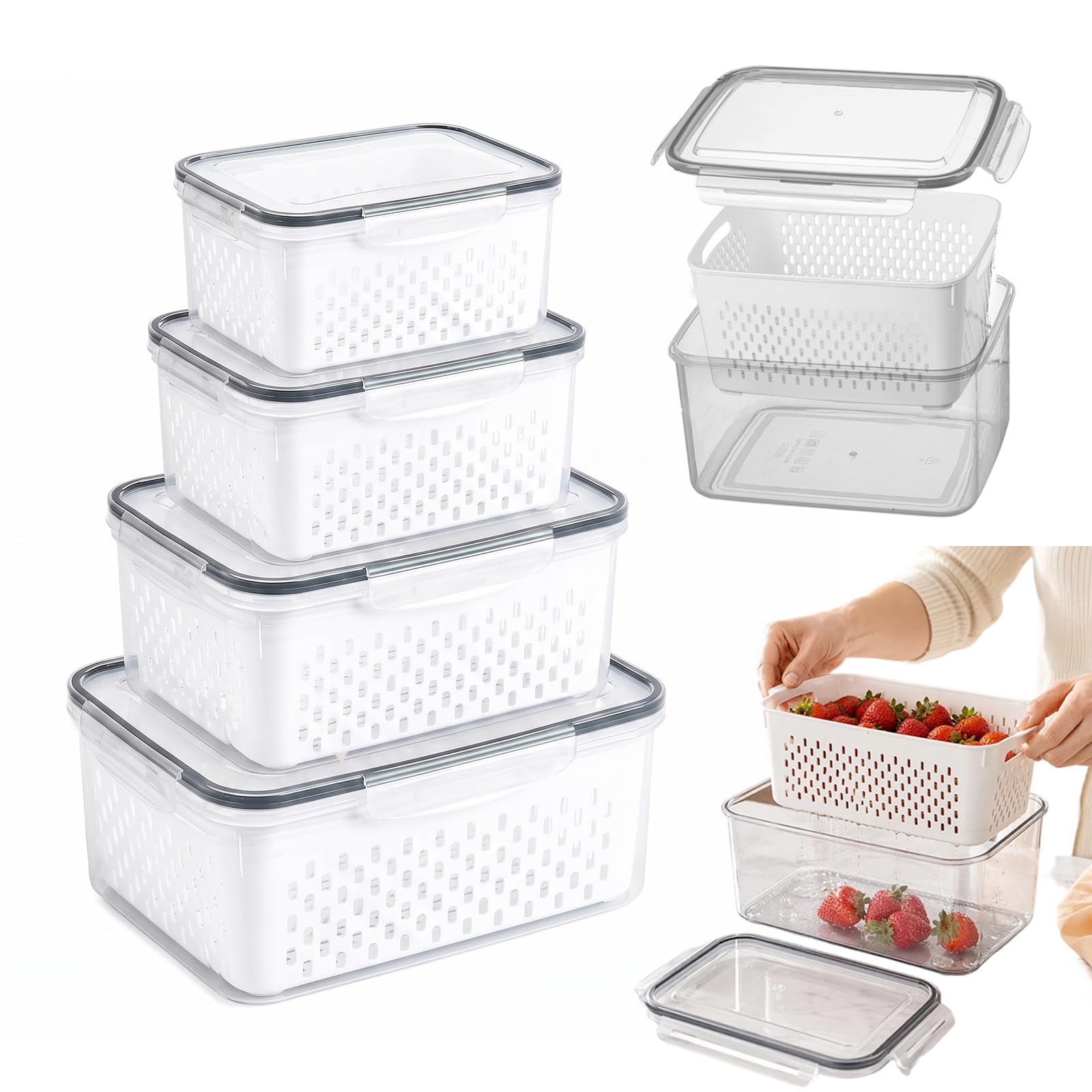 4 PCS Food Storage Containers, with Lids Airtight Fridge Organisers