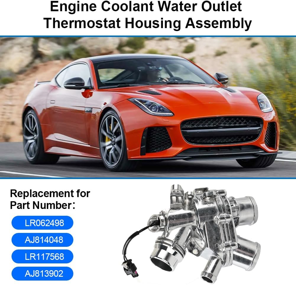 Aluminium Engine Coolant Thermostat Housing Compatible with 2014-2019 Land Rover LR4 Discovery 3.0L, Jaguar XF XE XJ F-Type F-Pace 2013-2020 3.0 L, Replacement for LR117568 LR062498
