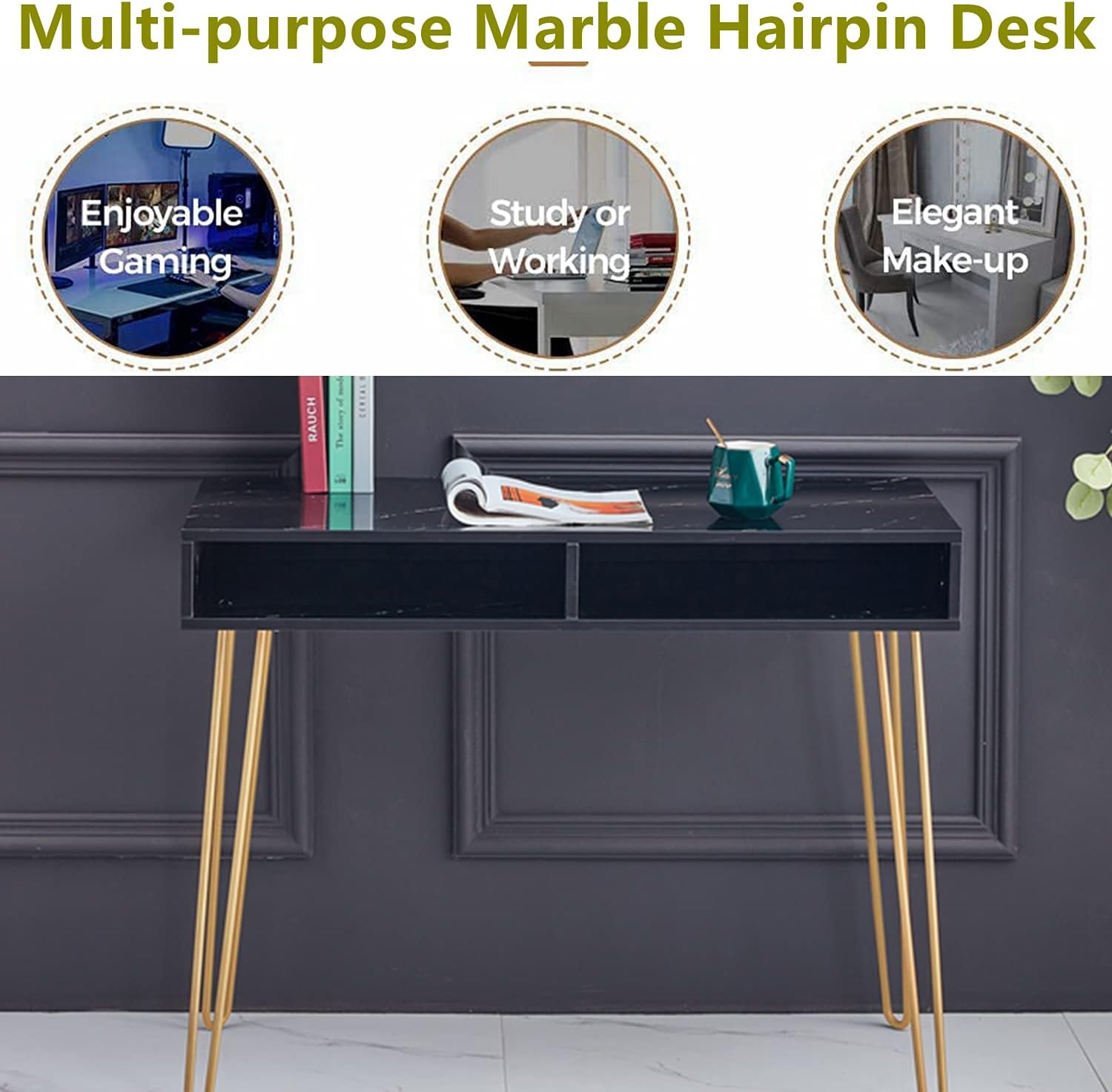 🔥 Flash Sale Gynsseh Marble Hairpin Desk Writing Desk with 2 Open Storage Cubbies, Premium Home Office Computer Desk Dressing Desk with Gold Solid Metal Legs(Black) Free Shipping Offer Gynsseh Marble Hairpin Desk Writing Desk with 2 Open Storage Cubbies, Premium Home Office Computer Desk Dressing Desk with Gold Solid Metal Legs(Black)