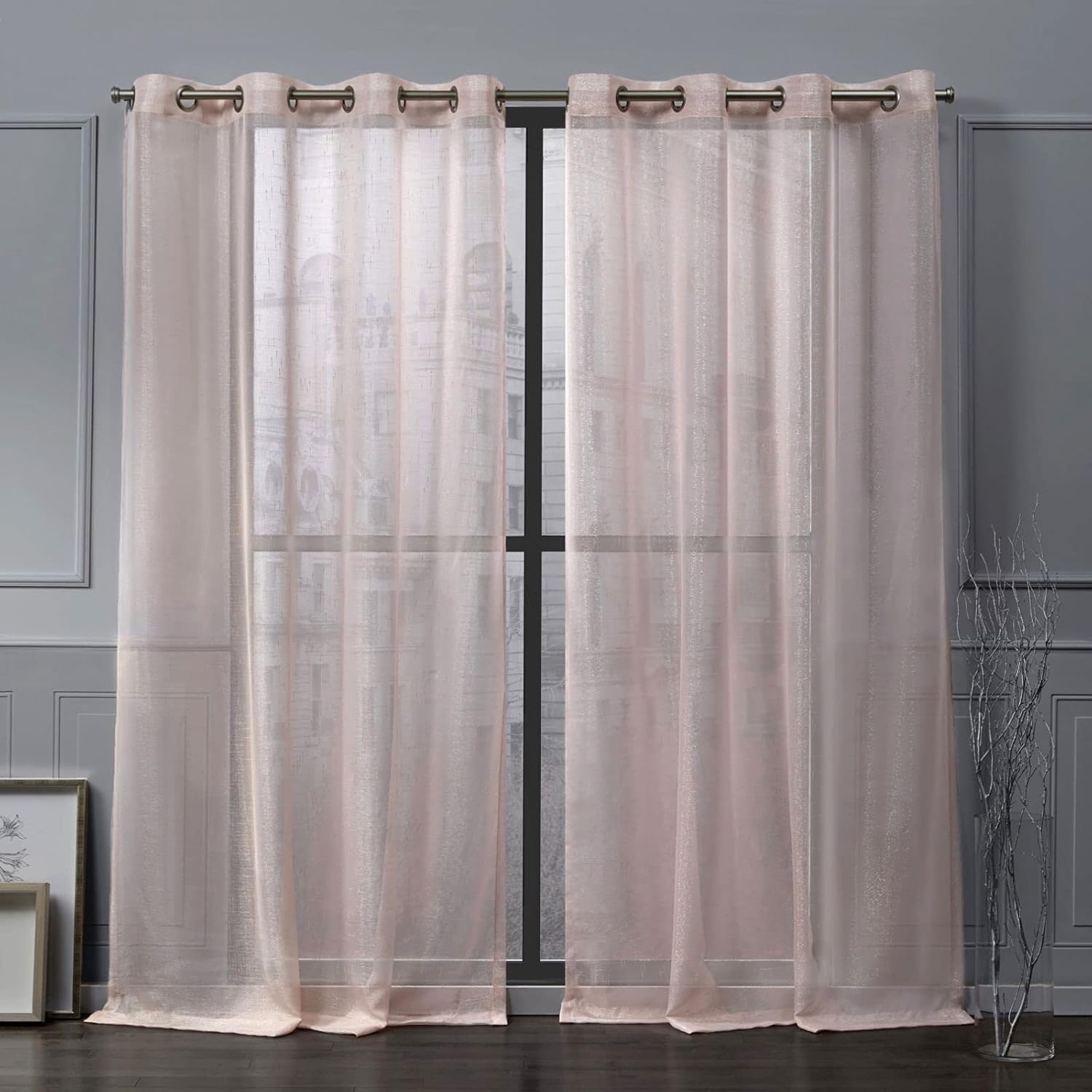 NICOLE MILLER NEW YORK Iceland Metallic Sheer Grommet Top Curtain Panel Pair, 54"x84", Blush