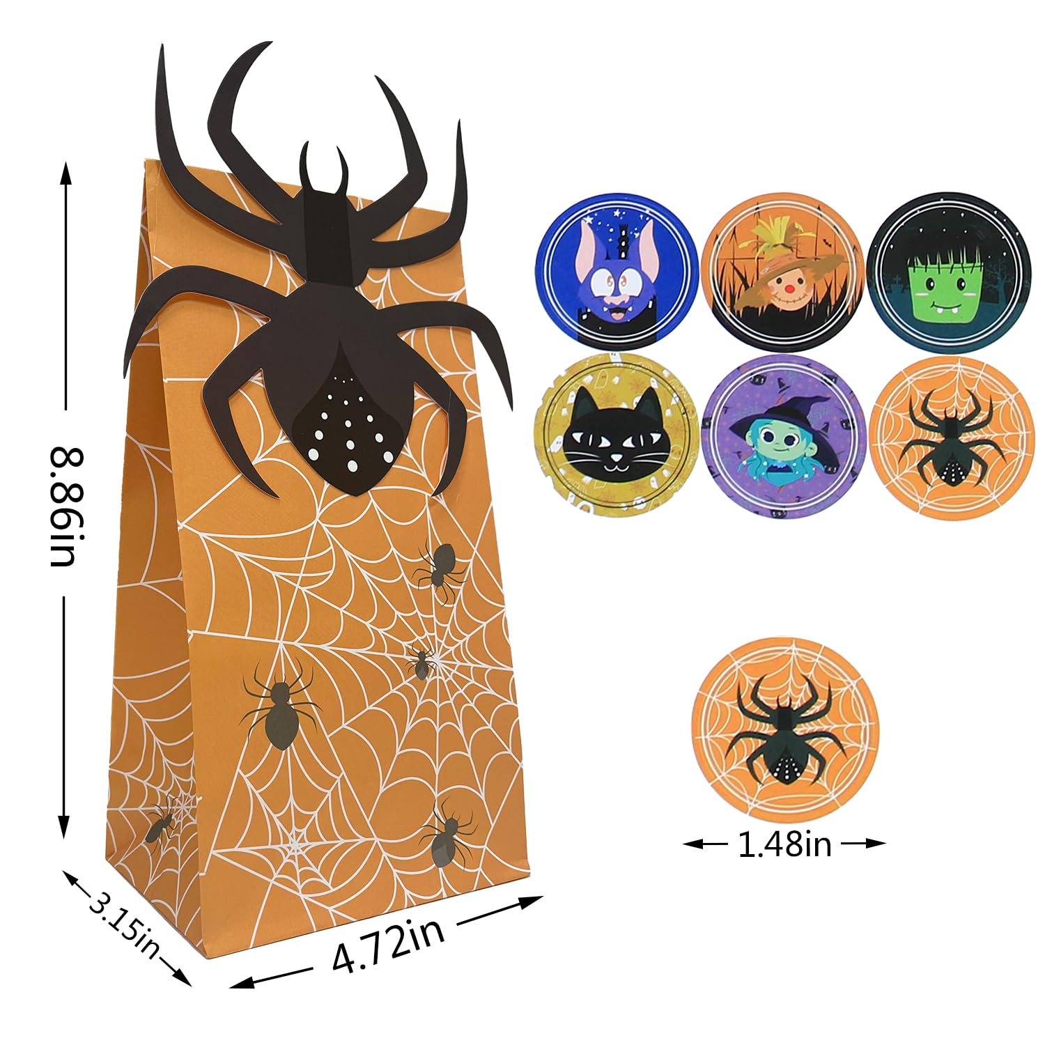 RICEDUO 24 Sacchetti Per Dolcetti Di Halloween In Carta Kraft, 8 Disegni Assortiti (Zucca, Fantasma, Teschio), Con Adesivi, 18x10x6 Cm, Perfetti Per Dolcetto O Scherzetto - 3