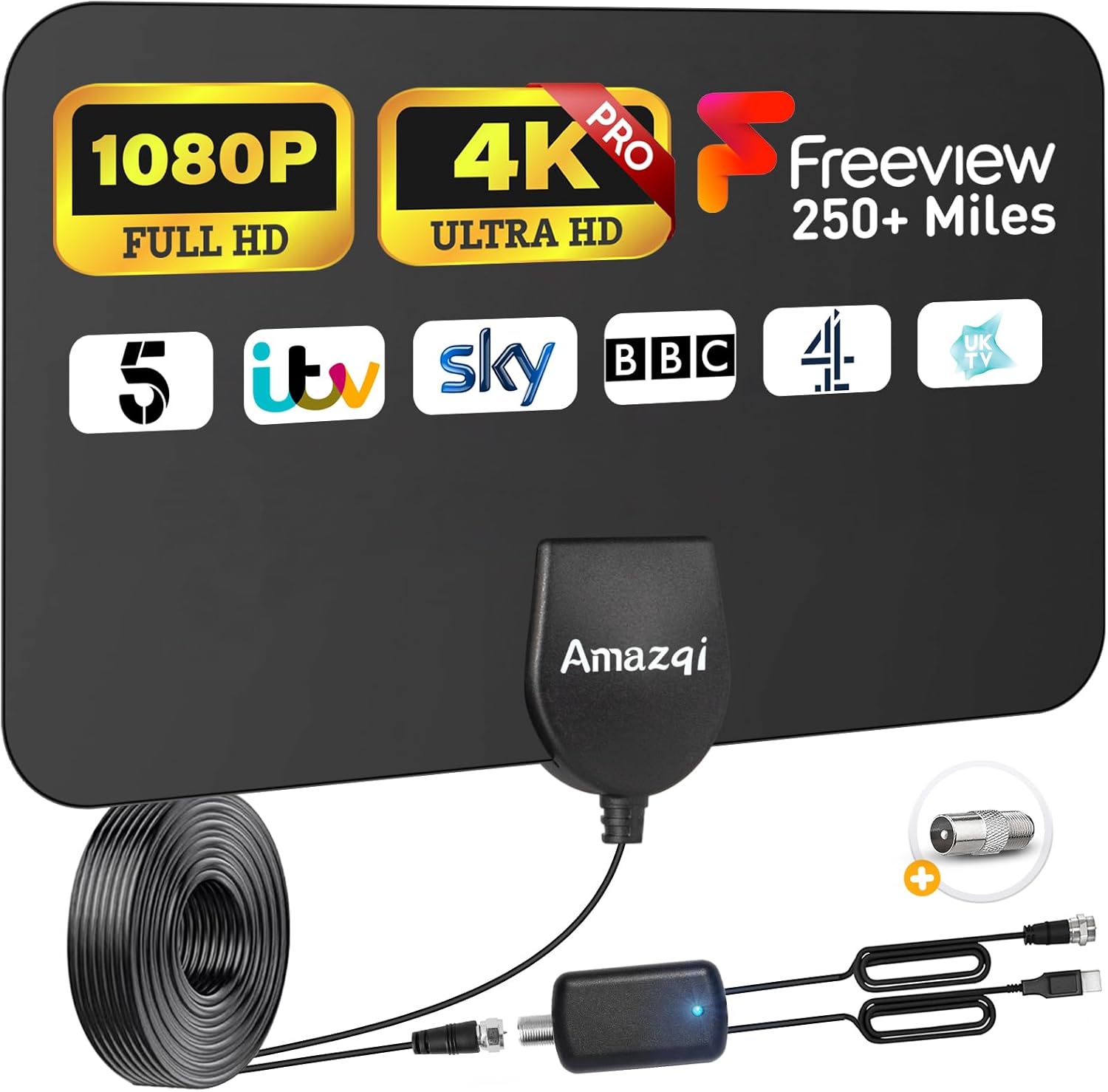 TV Aerial Indoor Digital TV Aerial 250+ Miles Long Range, Freeview Antenna with Amplifier