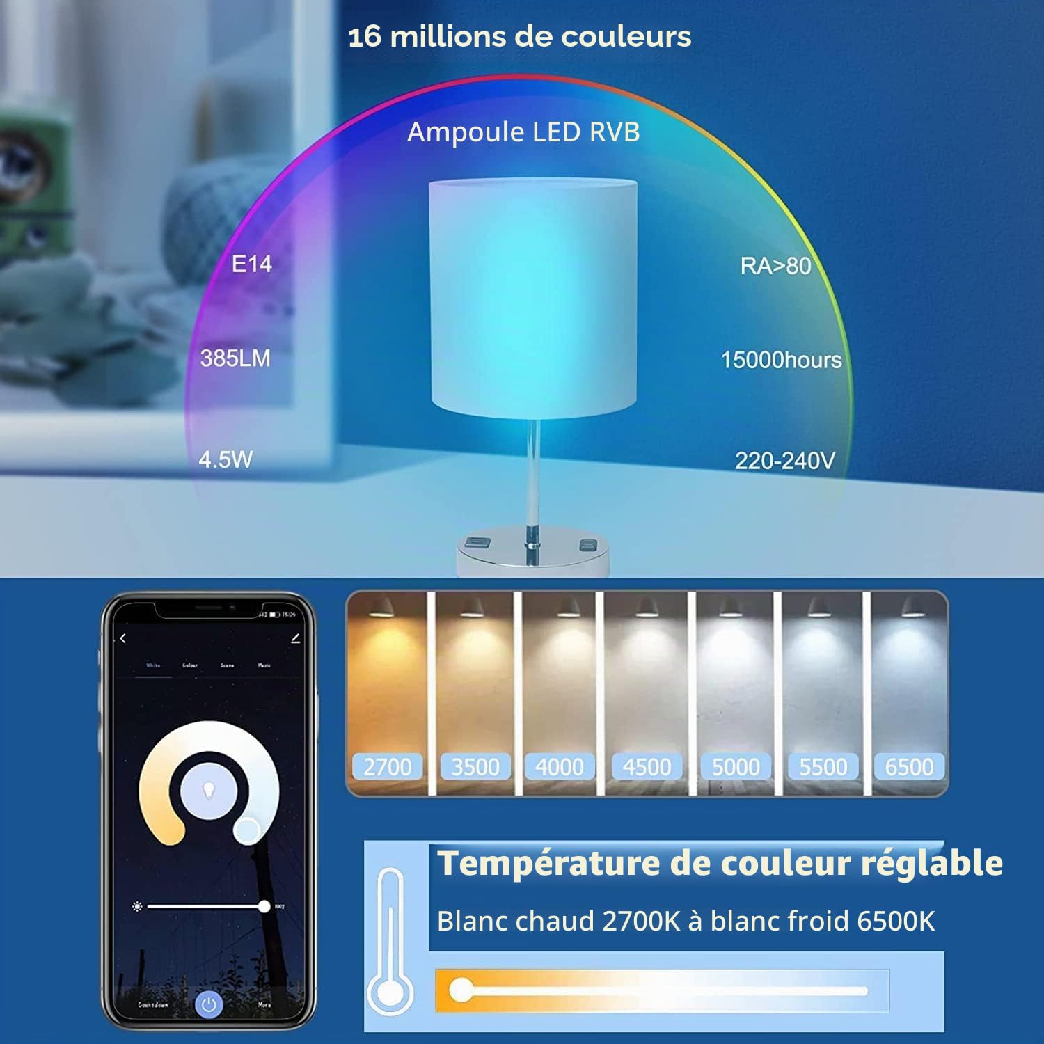 ANTELA Ampoule Connectée WiFi LED E14 4.5W RGB+CCT | Ampoule Intelligente Compatible avec Alexa et Google Home, APP Télécommande, Commande Vocale, 8 PCs