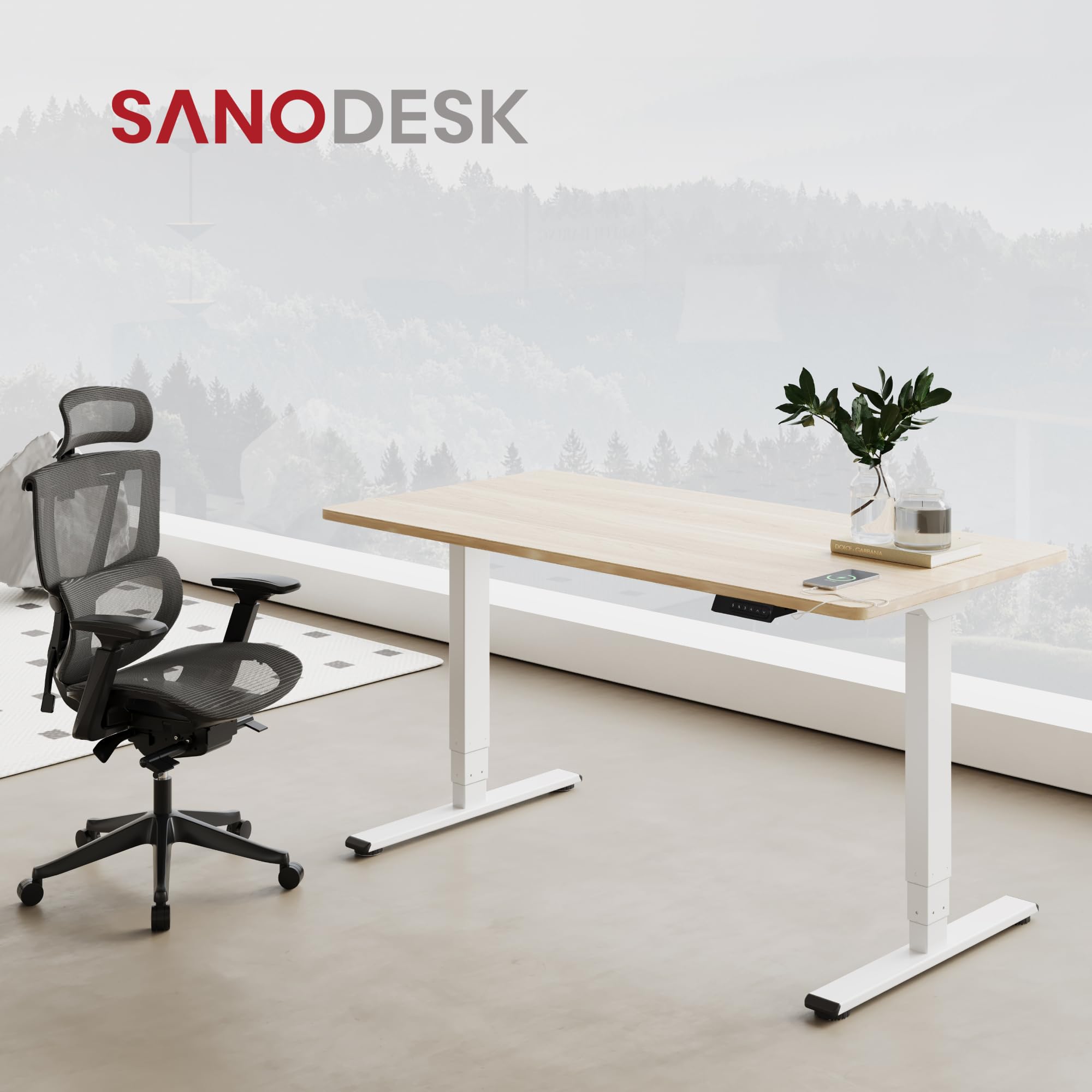 SANODESK 2 Motores Escritorio Elevable EC4 160 x 80 cm Tablero Entero con 3 Secciones Patas Telescópicas con Panel Ajustable, Mesa elevable Standing Desk Ergonómico para Oficina y Hoggar-Arce
