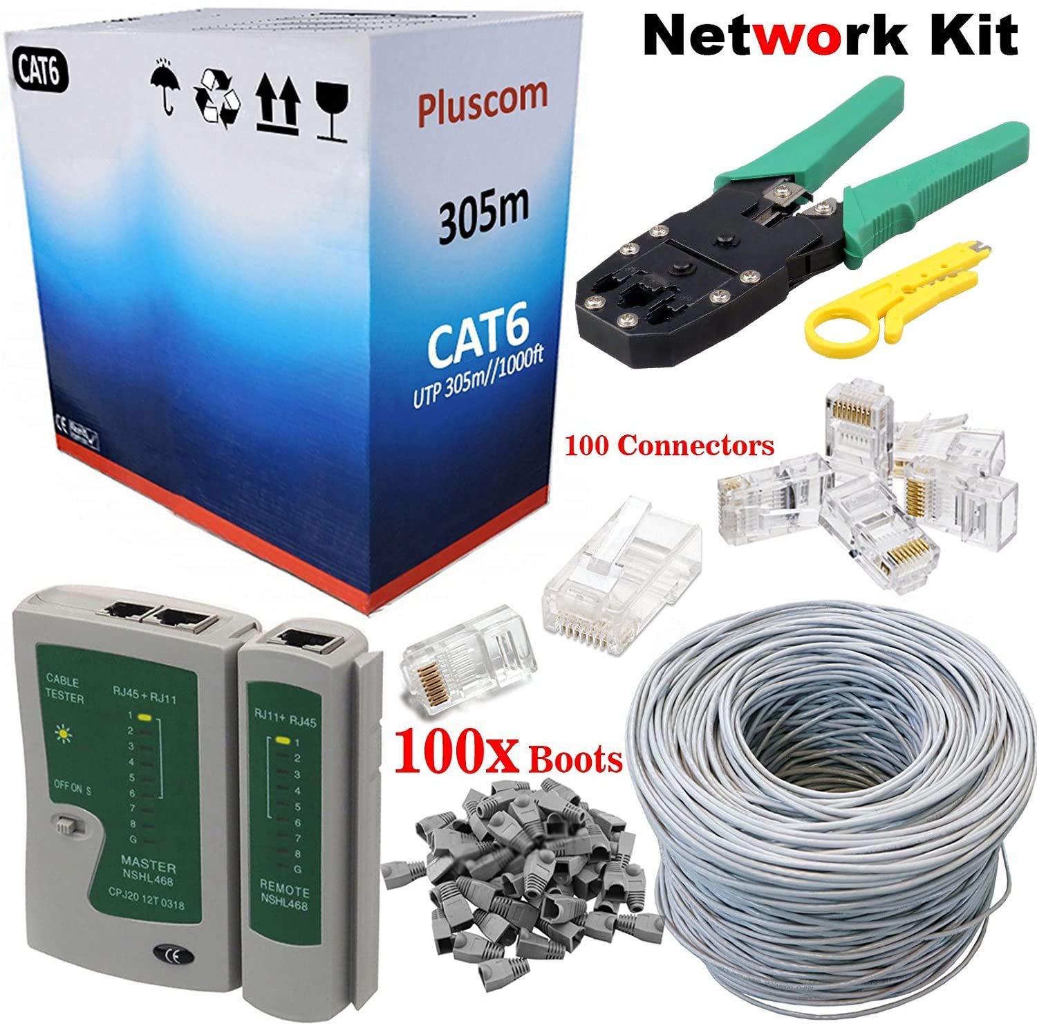 Safekom - Kit di cavi di rete RJ45 Cat6, 305 metri, con cavo RJ11, RJ45, crimpatrice, spellafili, tester + 100 connettori Ethernet RJ45 + 100 connettori RJ45