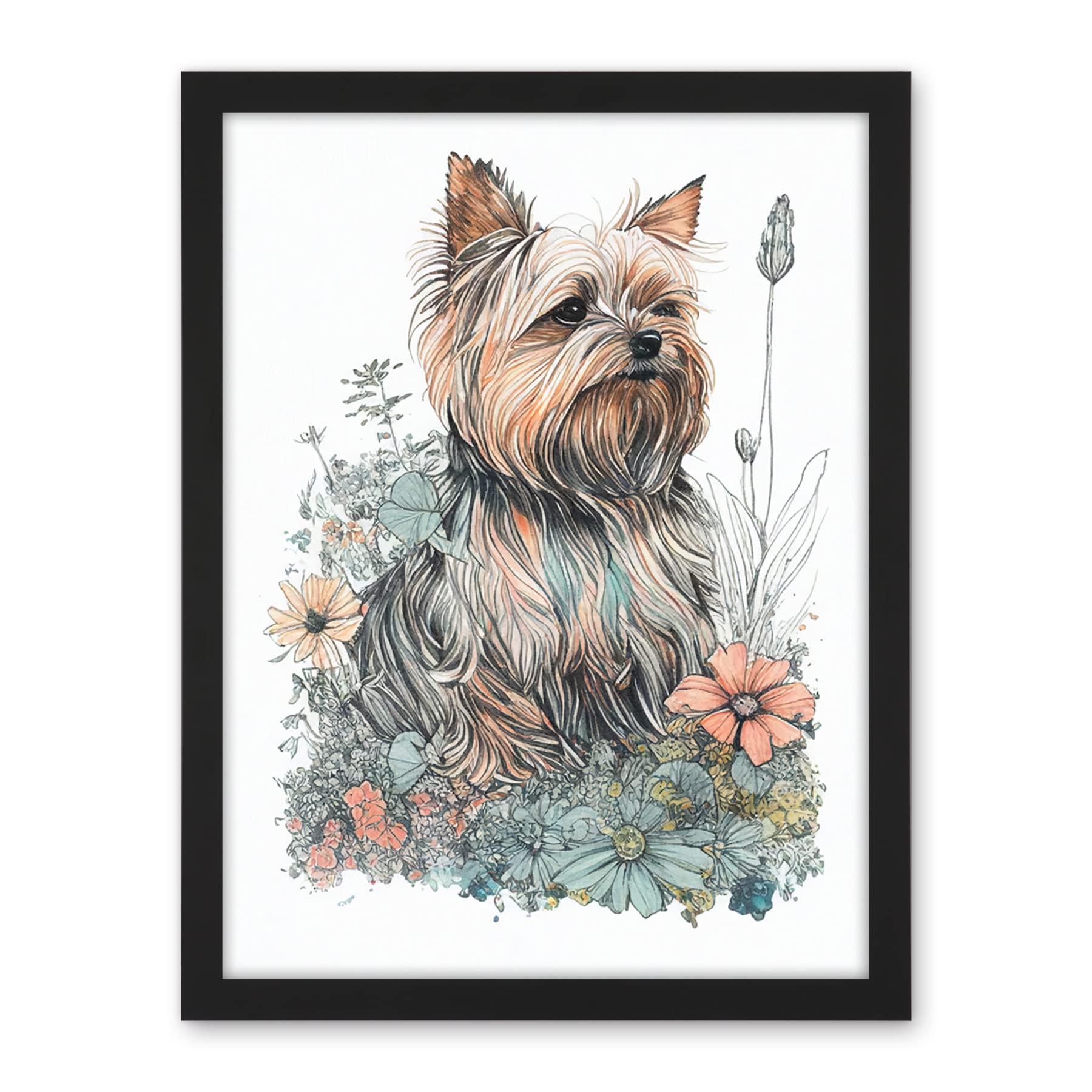 Artery8 Yorkshire Terrier Dog in Wildflowers Bright Watercolour Illustration Artwork Framed Wall Art Print 18X24 Inch