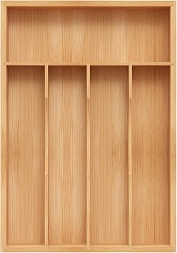Bamboo Silverware Organizer, Kitchen Drawer Organizer, Utensil Holder, Cutlery Tray & Spoon Flatware Storage with Grooved Drawer Dividers 9.5W x 13.5D