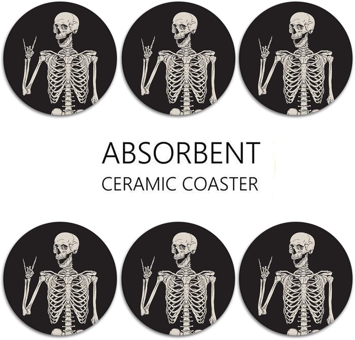 Britimes Skeleton Coasters for Drinks, Set of 6, Ceramic Stone, Black
