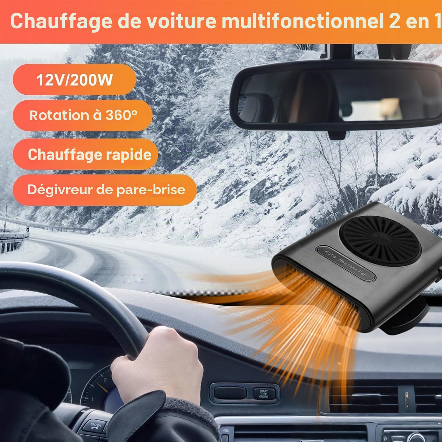 Chauffage de Voiture, Portable 12V 200W pour l'hiver Anti-buée dégivreur, Chauffage Rapide, pour Pare-Brise Prise dans l'allume-Cigare de la Voiture