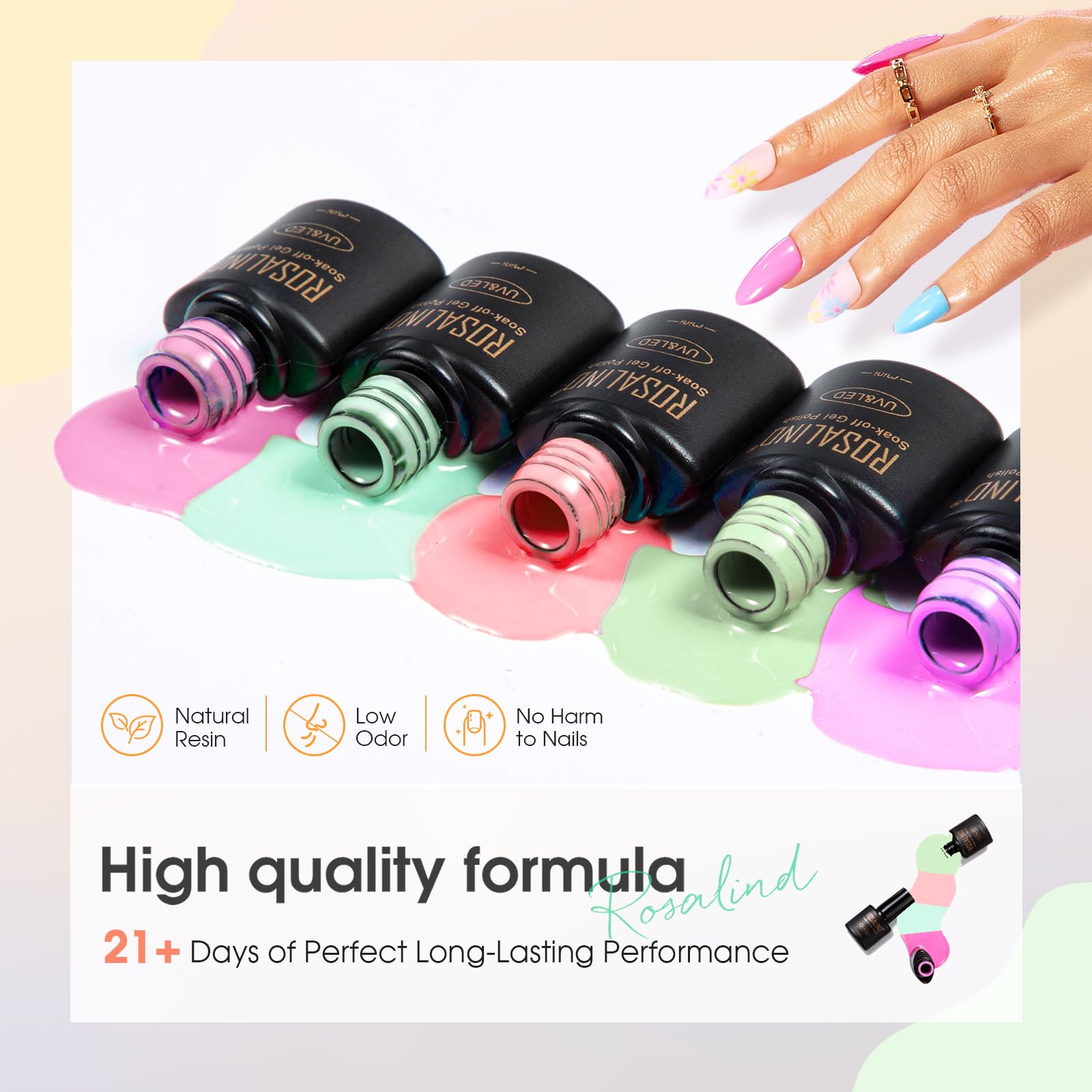 ROSALIND Smalto Semipermanente Unghie 65 Pezzi Rosa Giallo Blu Verde Viola | Colori Smalti Semipermanenti per Unghie Rosso Nero Grigio Marrone, UV/LED Mini Smalto Gel Manicure Regalo