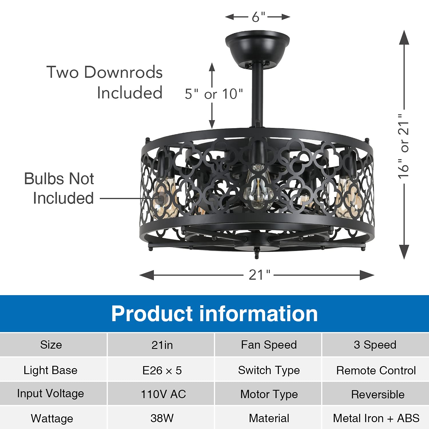 SUNVIE Caged Ceiling Fan with Lights Remote Control 21in industrial