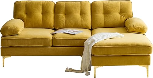 Miniatura 7 de Sofá seccional en forma de L con patas de metal dorado, sofá tapizado de tela de terciopelo con respaldo suelto y reposabrazos para sala de estar,