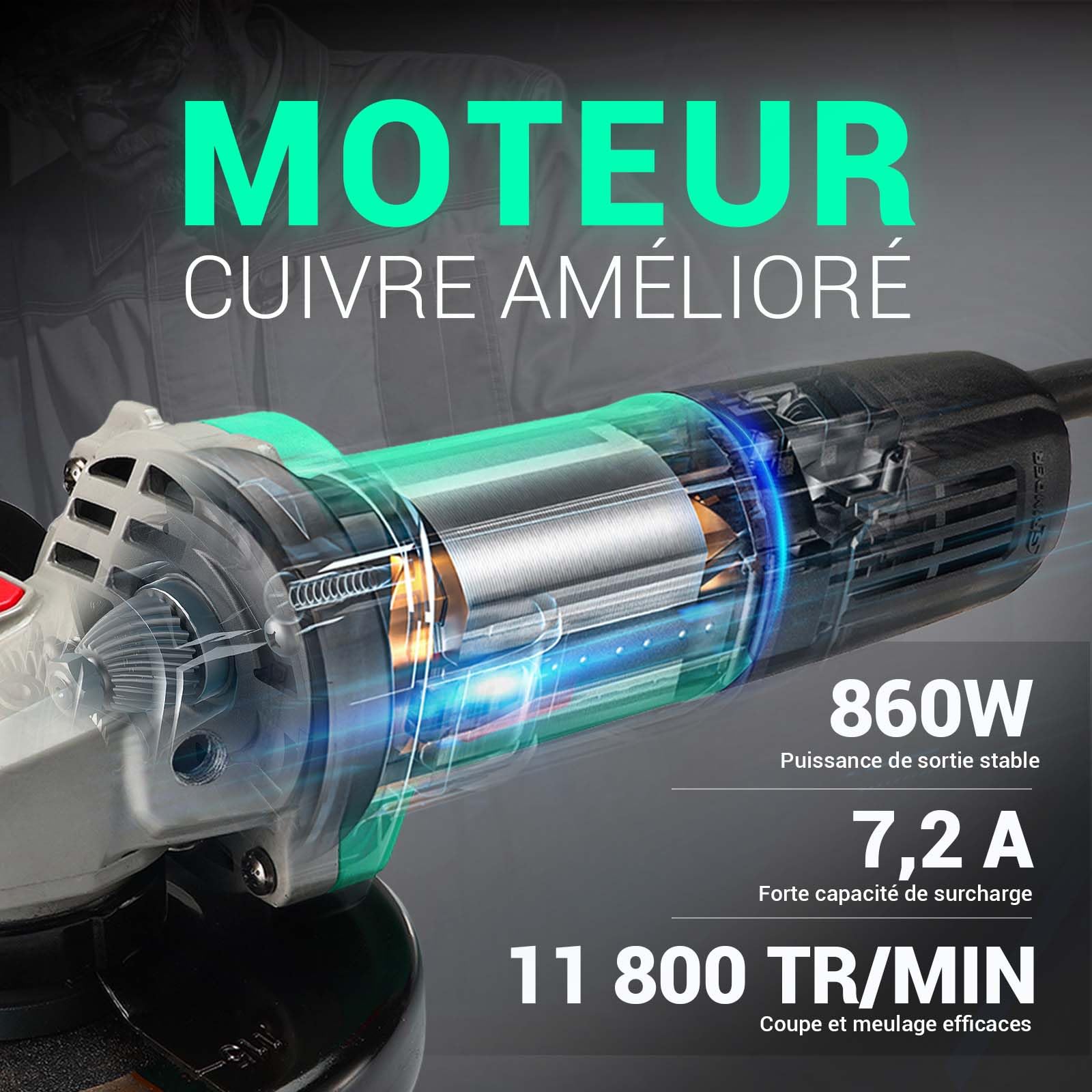 DCA Meuleuse d'Angle 860W 125 mm, 11.800 tr/min, Corps Ultra-Mince (Circonférence 178 mm), Carter d'engrenage Compact, 1,6 kg Légère pour Meulage et Tronçonnage