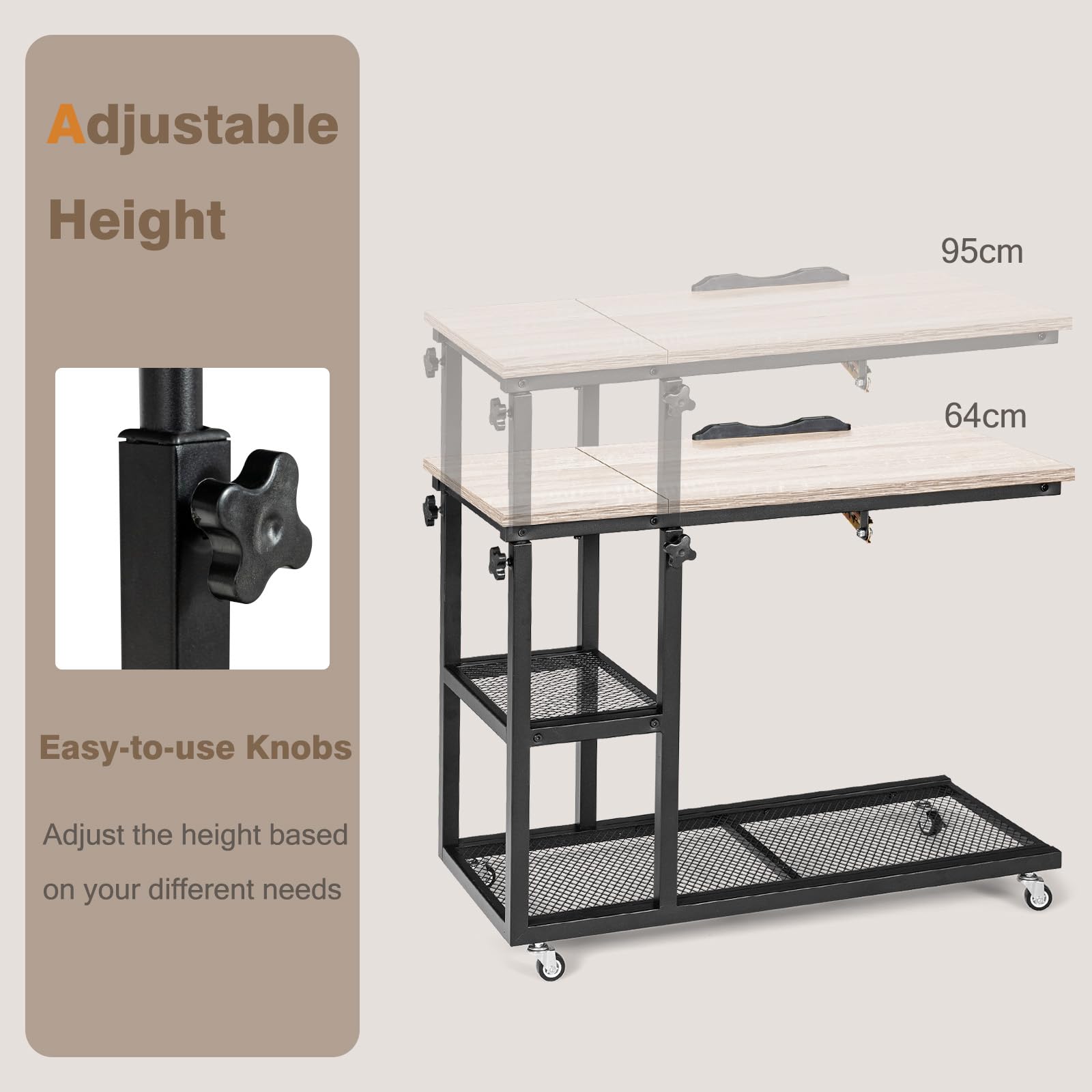 GIANTEX Mesa con Forma de C y Ruedas, Mesita de Sofá con 5 Alturas Regulables y Repisa, Móvil Industrial con Superficie Inclinable para Salón Dormitorio (Natural)