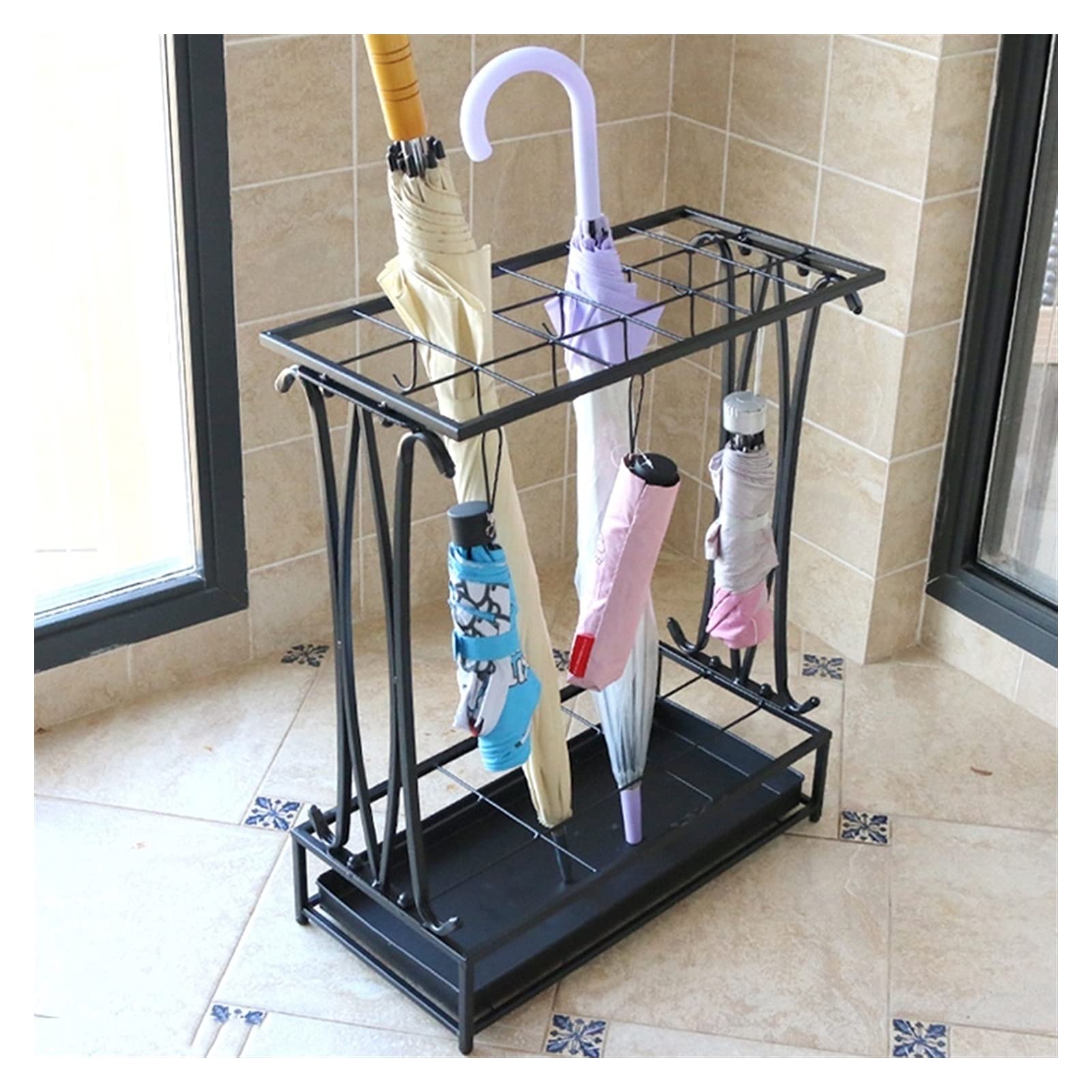 GHHVFEC Large Capacity Black Metal Umbrella Stand for Hotels, Offices & Schools - Holds 18 to 68 Umbrellas, 15 Draining Holes & 16 Hooks for Easy nization