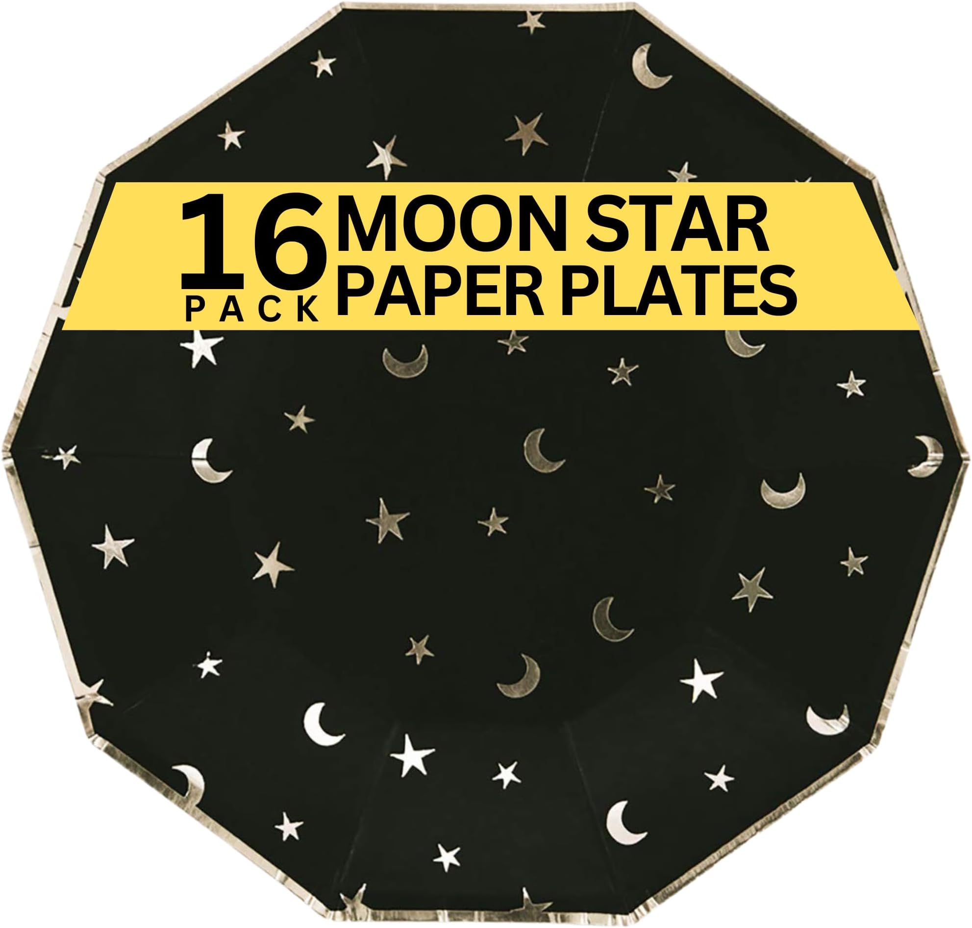 Witch Paper Plates - Star Cups - Recyclable Moon & Stars, Lacking Plates For Goth Party - Cat Birthday - Black - 7inches (Set of 16)