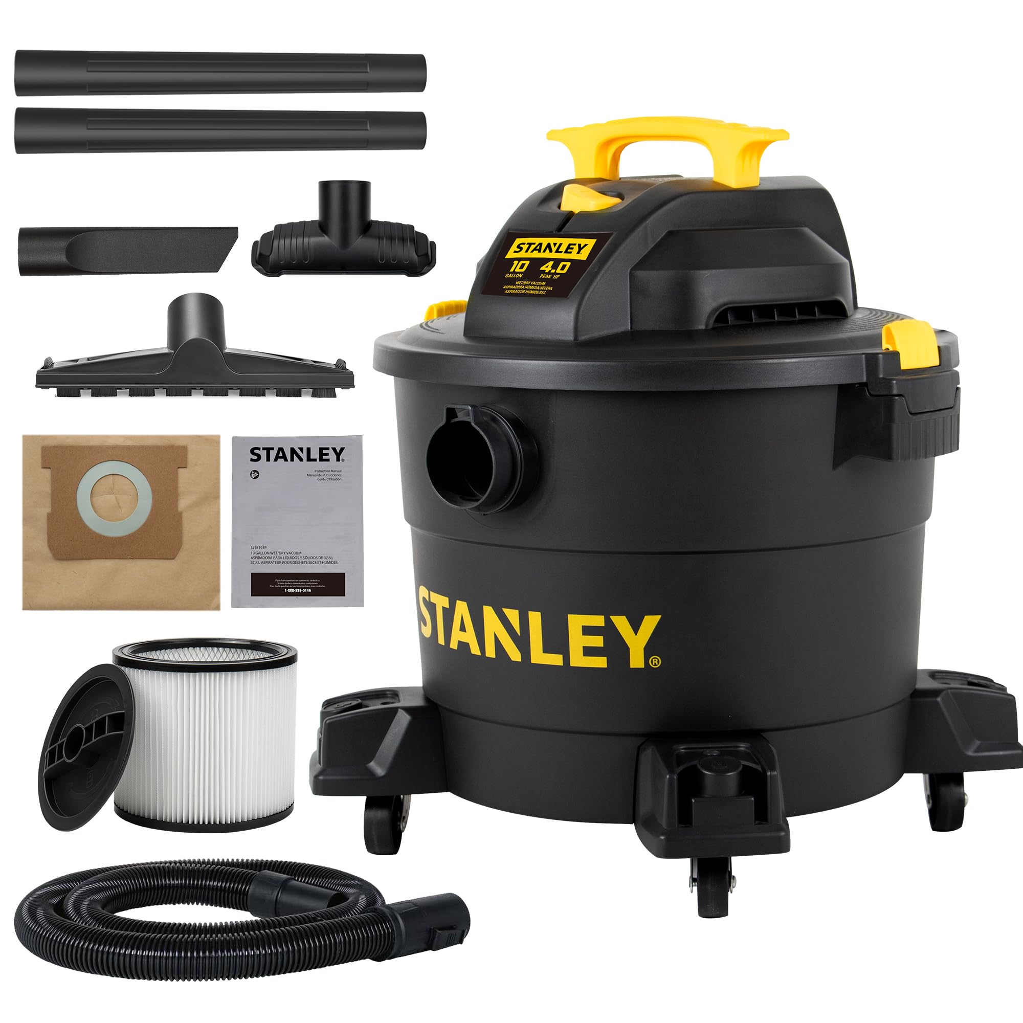 STANLEY 10-Gallon 4 HP Wet/Dry Shop Vacuum Cleaner, Powerful Suction for Home Garage Workshop, 16ft Cleaning Range, Includes Crevice Tool &amp; Accessories, Large Capacity Portable Vac, Model SL18191P