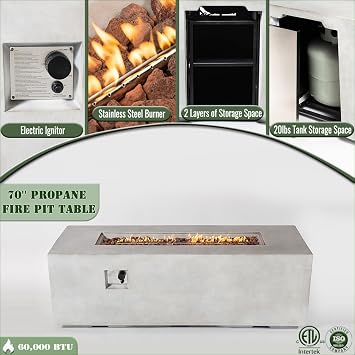 70 Concrete Fire Pit Table, 60,000 BTU Propane Fire Table | Hidden Propane Tank | Extra Long Fire Table | For Patio Pool Backyard | Lava Rocks & Lid & Rain Cover