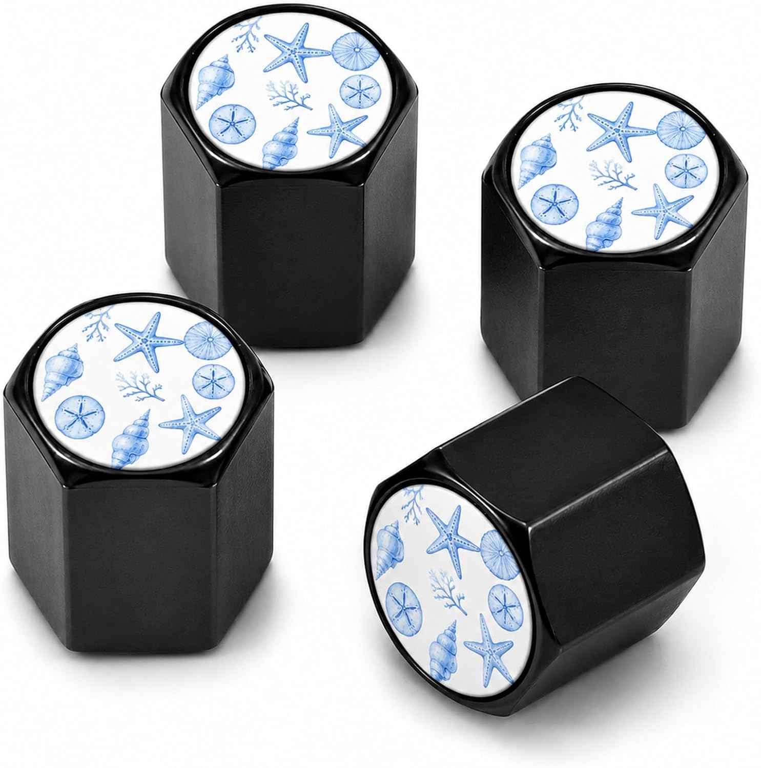 4 Pcs Blue and White Seashell Tire Valve Stem Caps, Ocean Starfish Metal Car Wheel Air Valve Covers, Decorative Hexagon Valve Caps for Cars SUVs Trucks Motorcycles Bicycles, Coastal Car Accessories