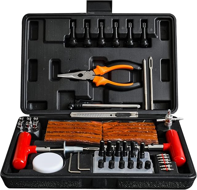 SMOTIVEPRO Tyre Repair Kit, 98 pcs Professional Car Puncture Repair Kit with 48 Components and 50 Tyre Repair Rubber Strip for Car, Motorcycle, Truck, Tractor, Van