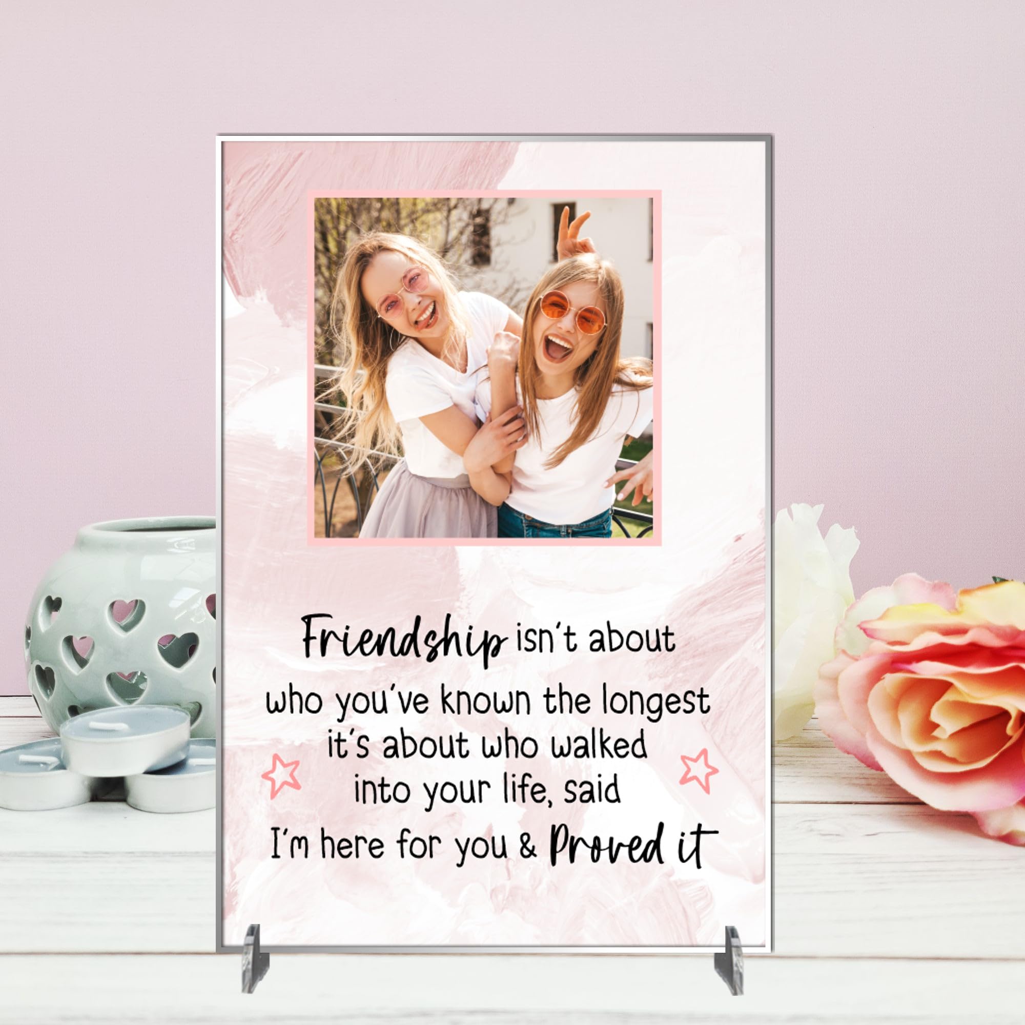 Personalised A5/A4 Friendship Plaque - Heartfelt Gift with Custom Photo - Freestanding MDF or Acrylic Plaque with Inspiring Quote (Acrylic A5 21cm x 15cm, Pink Marble)