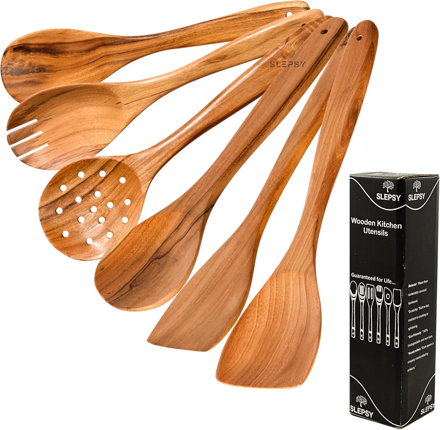 Set of 6 Teak Wooden Cooking Spoon Set - Multi-Purpose Utensils for Stirring, Mixing, Serving & More - Durable Natural Wooden Cooking Tools