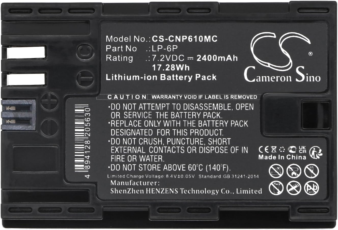 Battery for Canon 5D Mark III, EOS 5D Mark II, EOS 5D Mark III, EOS 60D, EOS 60Da, EOS 6D, EOS 7D, EOS 7D Mark II PN:Canon LP-6P 2400mAh / 17.28Wh