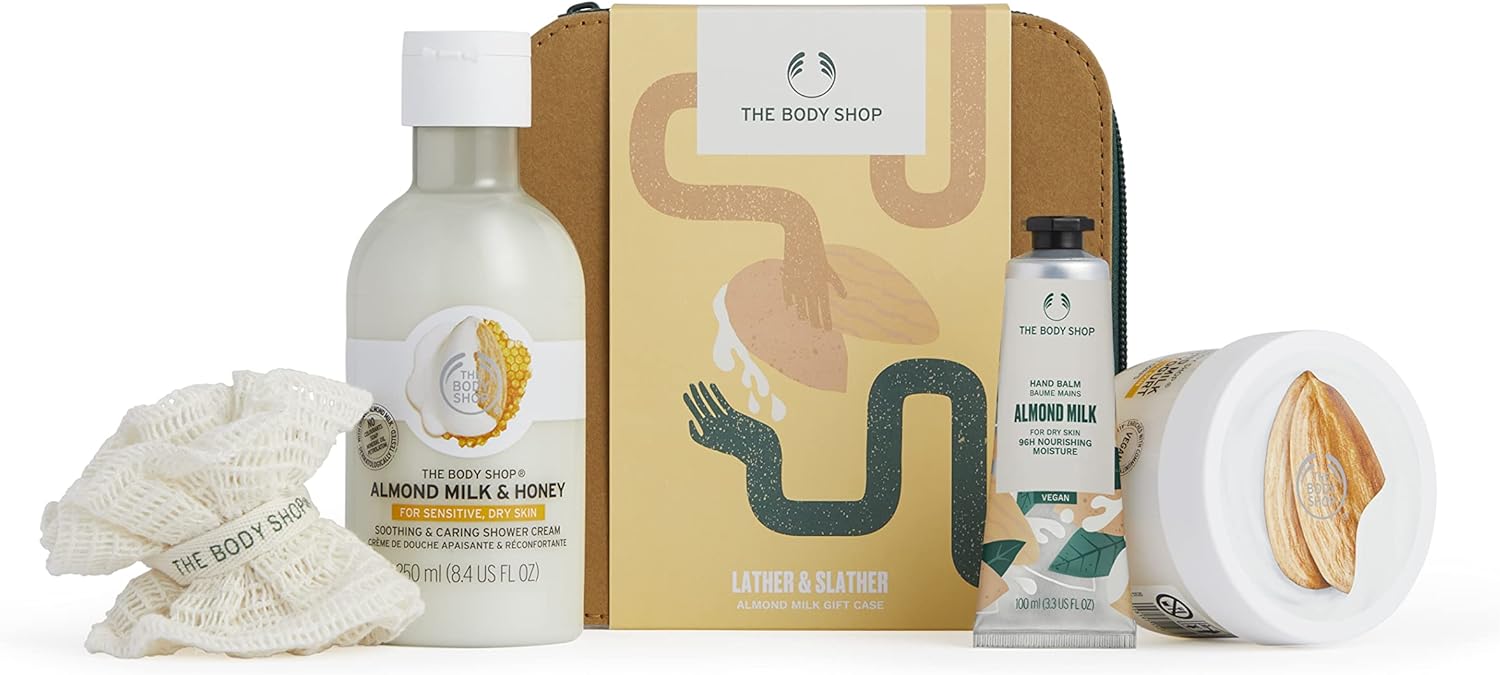 The Body Shop Lather & Slather Almond Milk Body Care Gift Set, for Dry Skin
