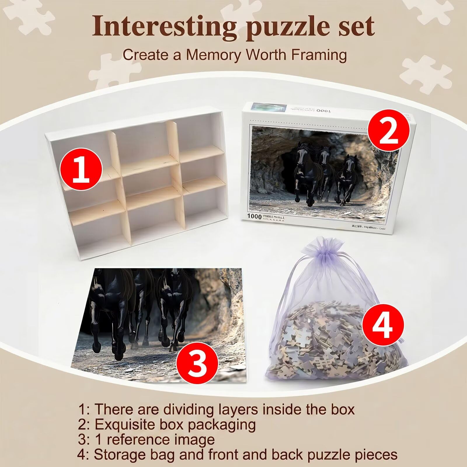 caballo animal-2 Puzzle de 1000 Piezas, Juego de Mesa Familiar de Madera - Rompecabezas Adultos para Toda La Familia,Rompecabezas Educativo DIY y Antiestrés - Con mapa de referencia, 75 x 50 cm f0-653
